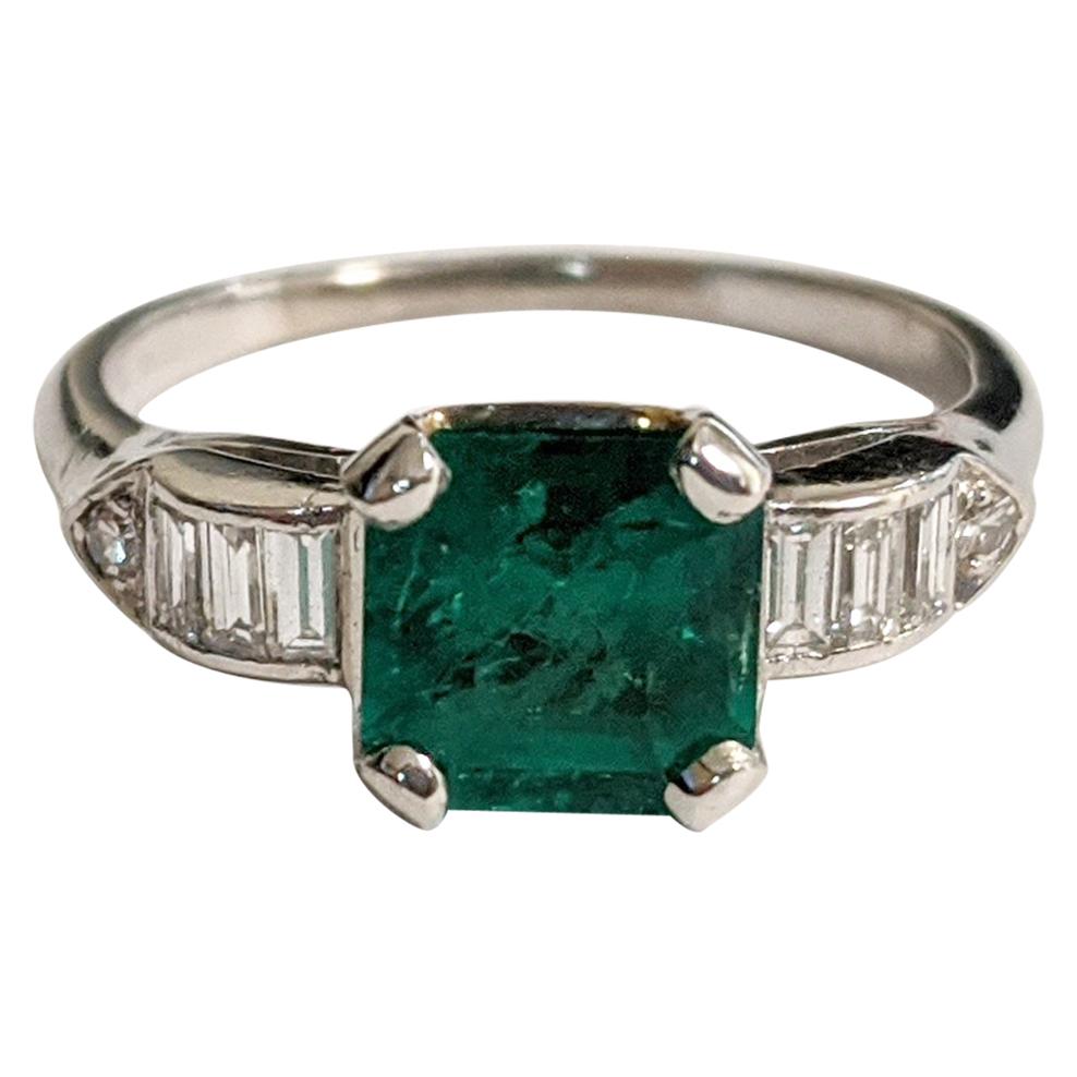 Emerald-Cut Green Emerald and Diamond Ring