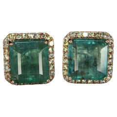 Emerald Cut Green Emerald Diamond Halo Stud 18K Rose Gold Earrings