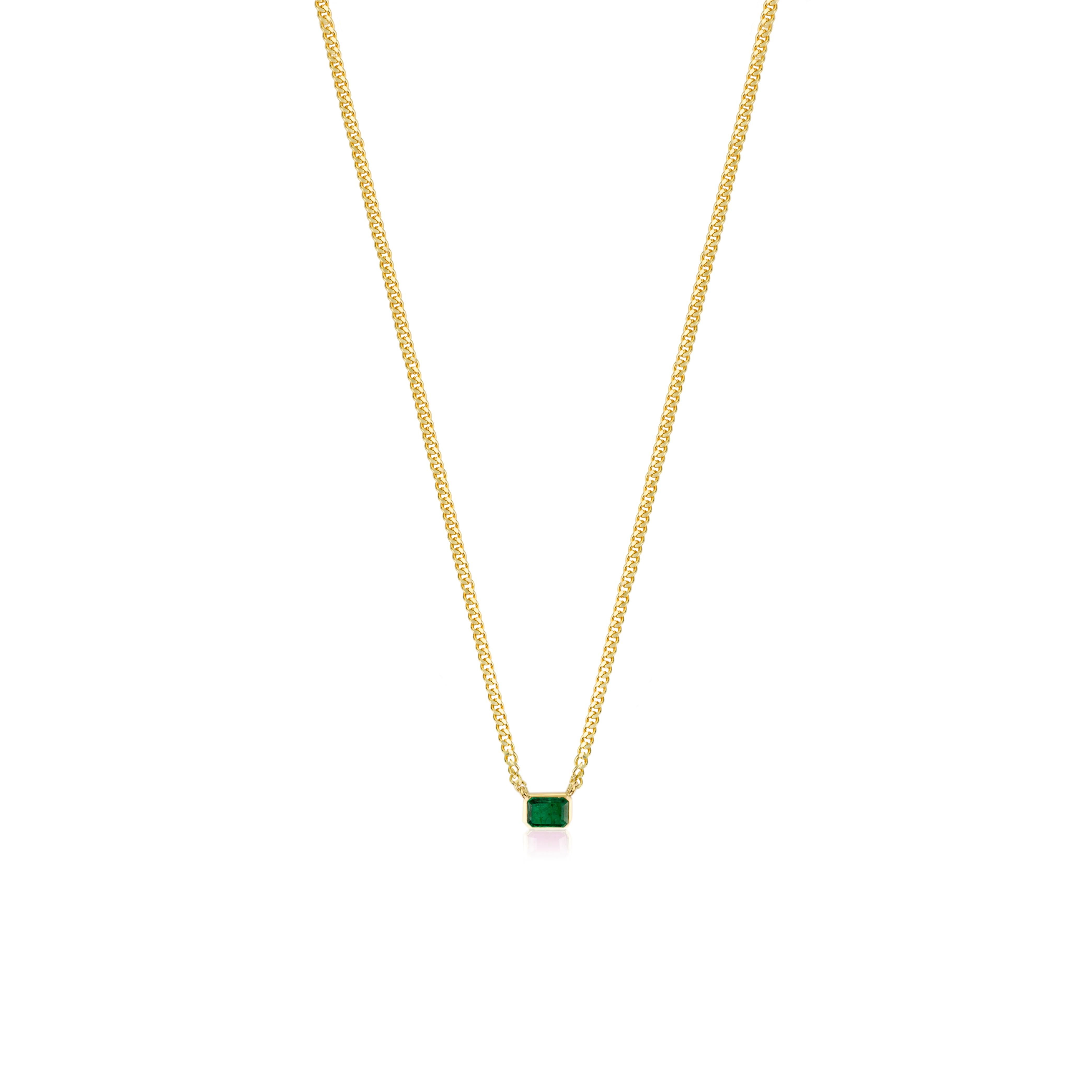Modern Emerald-Cut Green Emerald Pendant Necklace in 14K Solid Yellow Gold Curb Chain For Sale