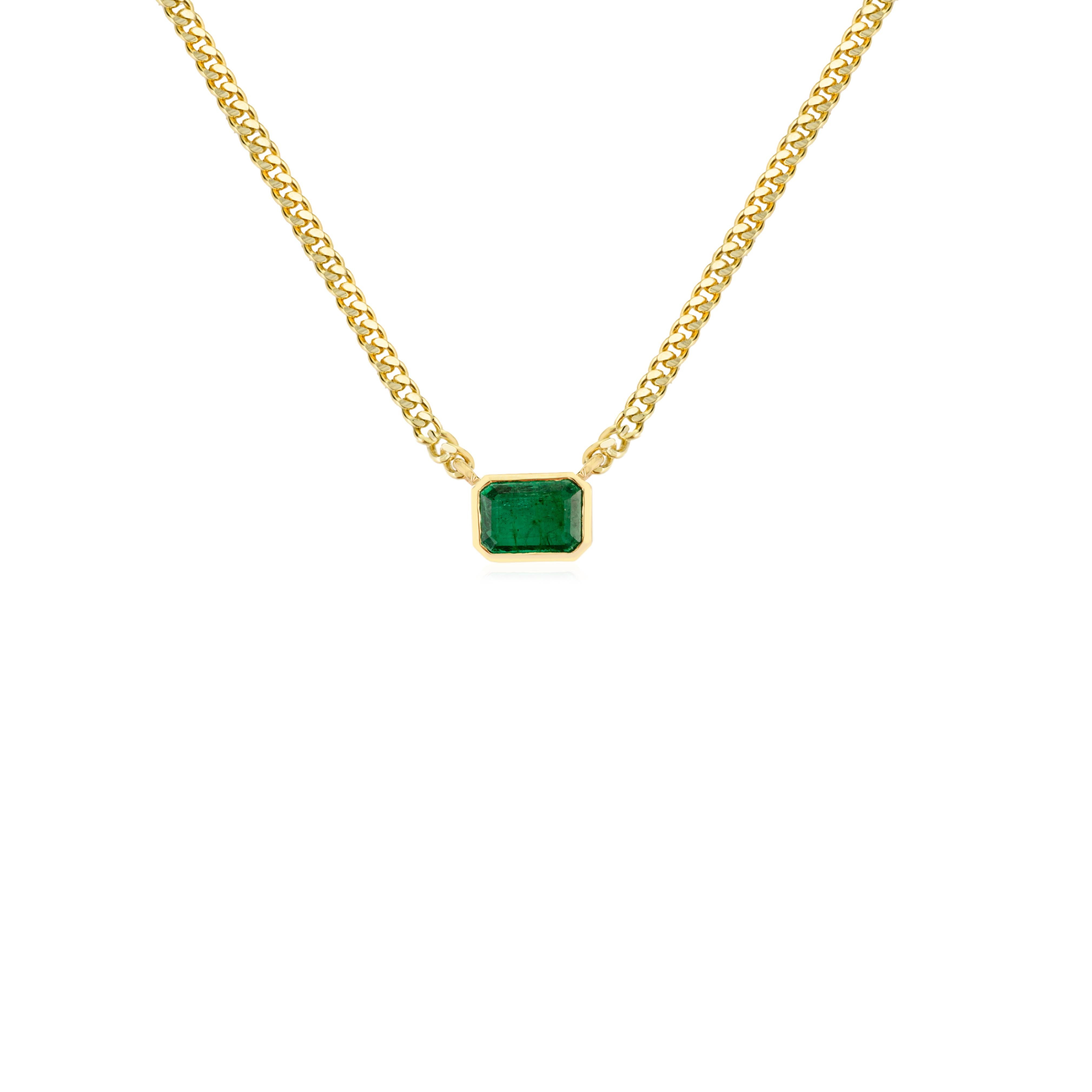 Emerald-Cut Green Emerald Pendant Necklace in 14K Solid Yellow Gold Curb Chain For Sale 1
