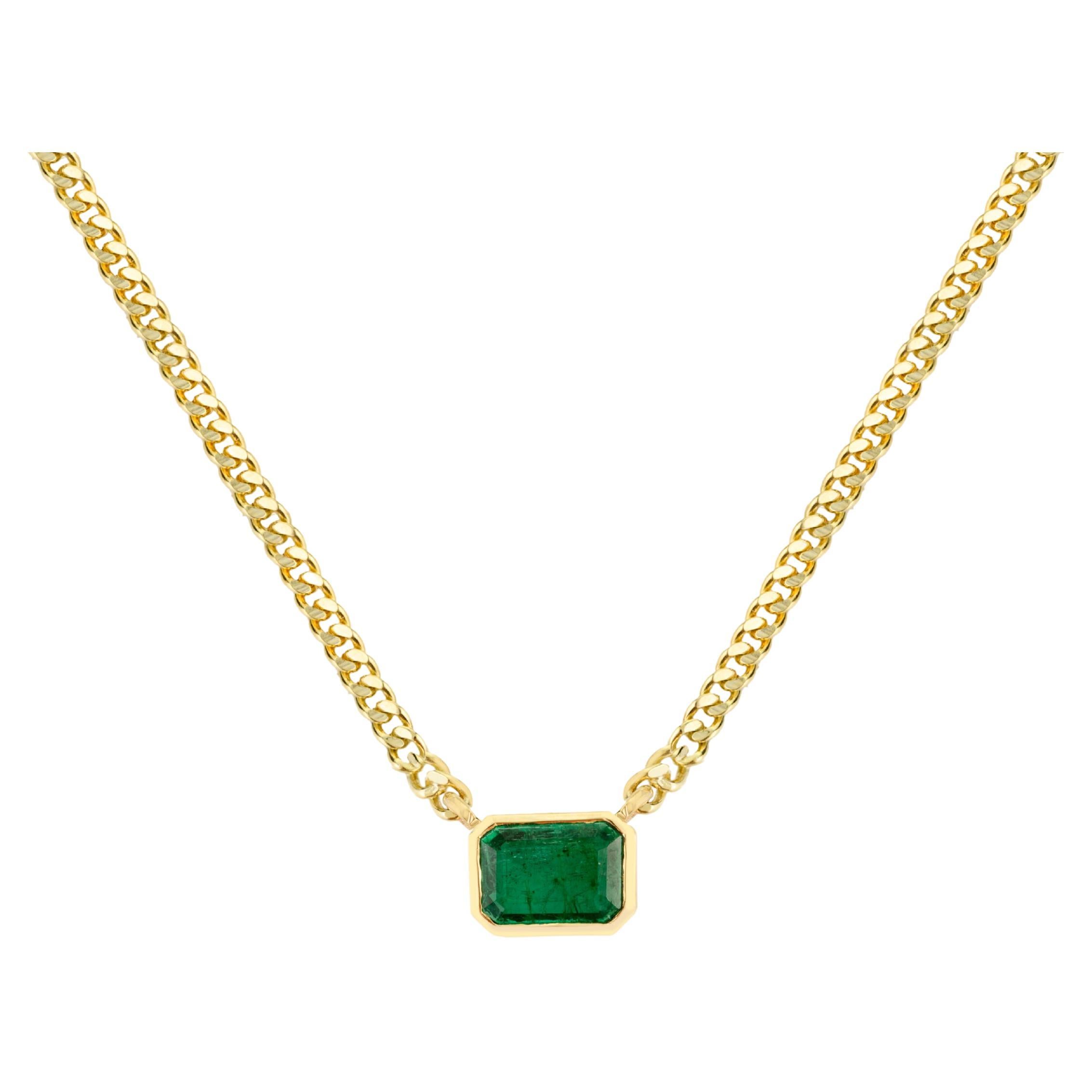 Emerald-Cut Green Emerald Pendant Necklace in 14K Solid Yellow Gold Curb Chain For Sale