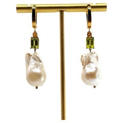 Emerald cut Green peridot/ Pearl Drop Earring in a Hoop