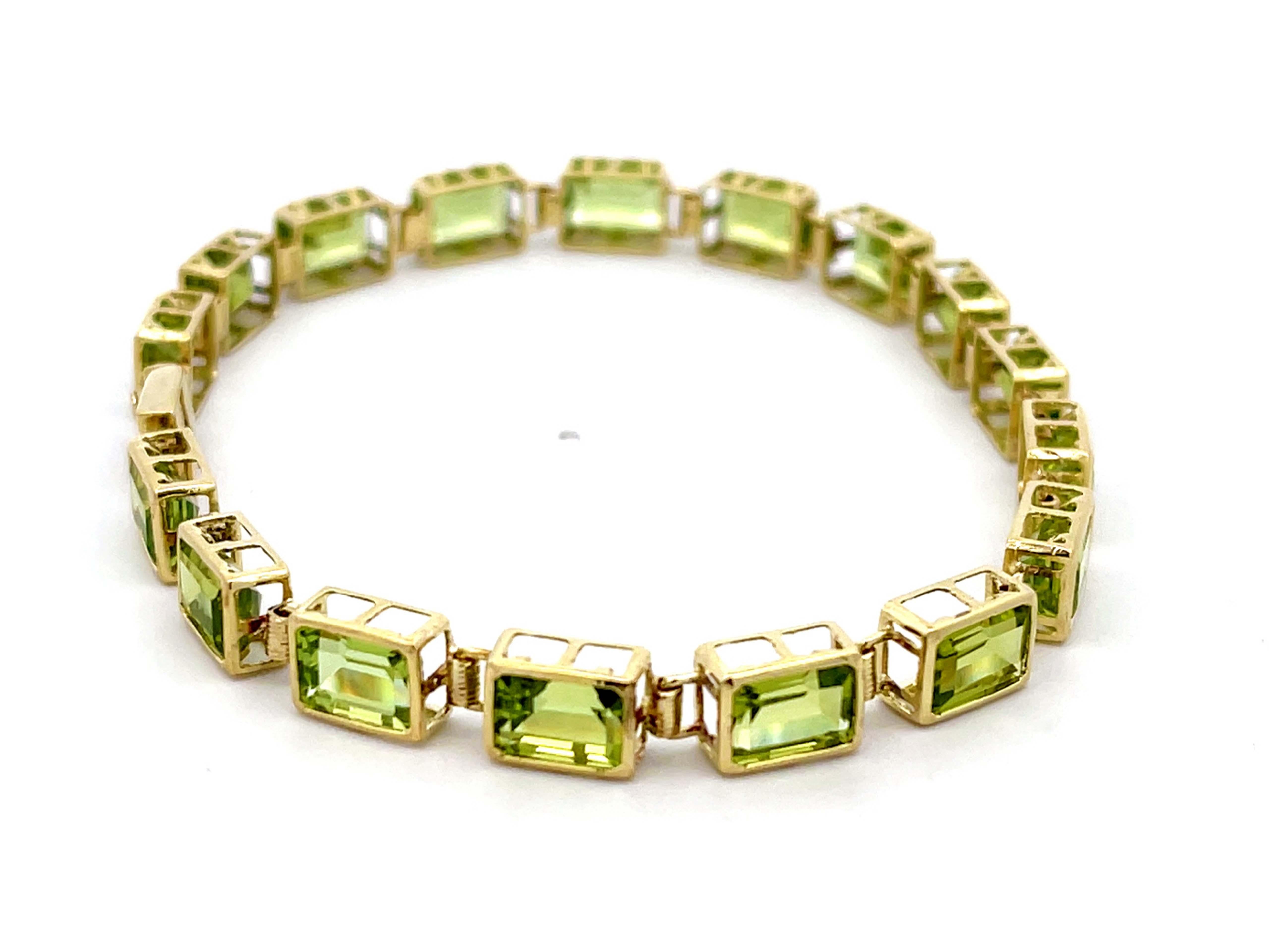 Modern Emerald Cut Green Peridot Tennis Bracelet in 14k Yellow Gold