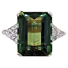 Emerald Cut Green Tourmaline (11.04 cts) and Diamond (20=0.18 cts) Ring
