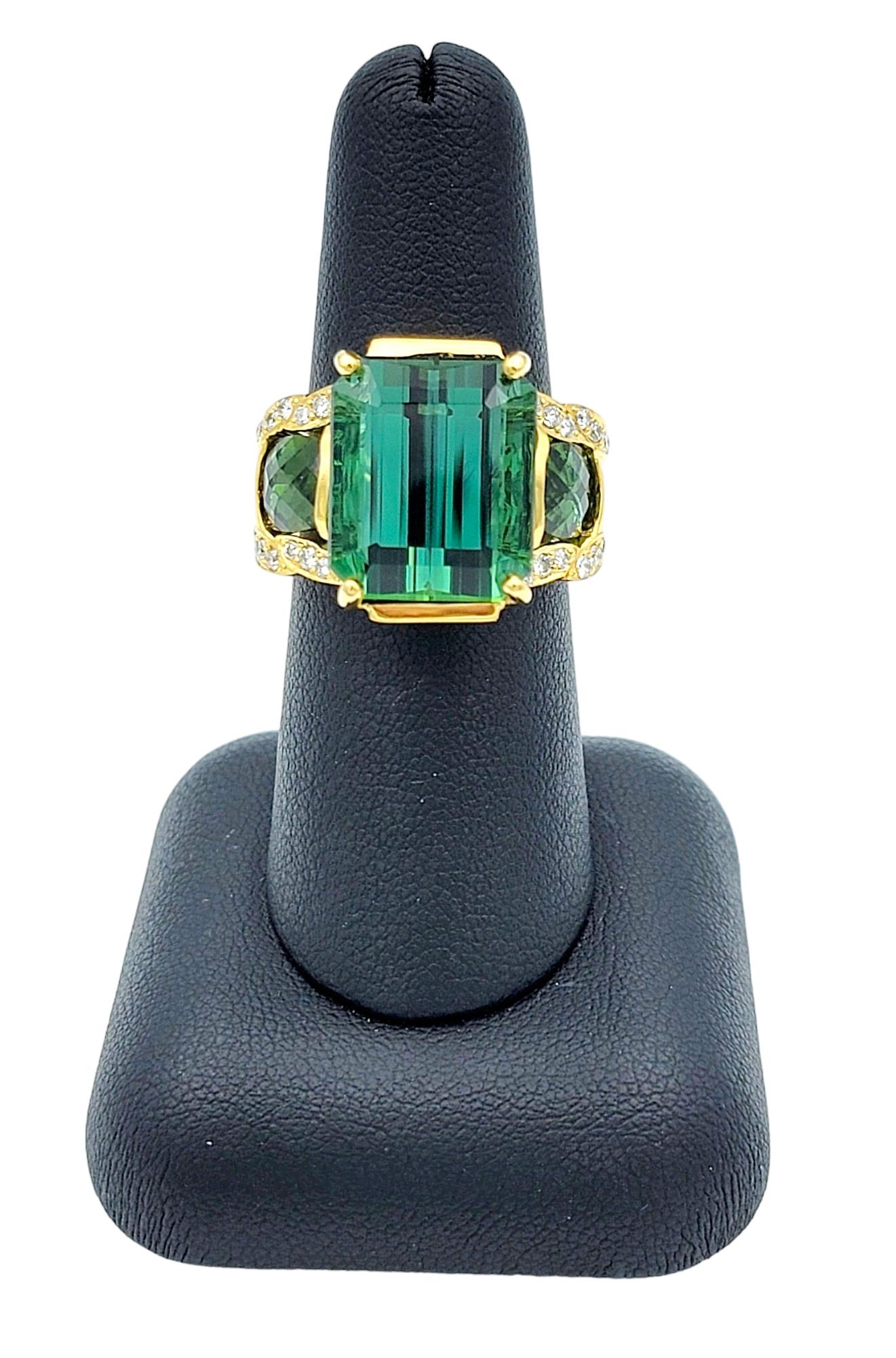 Emerald Cut Green Tourmaline 3 Stone Ring with Diamonds in 14 Karat Yellow Gold  For Sale 5