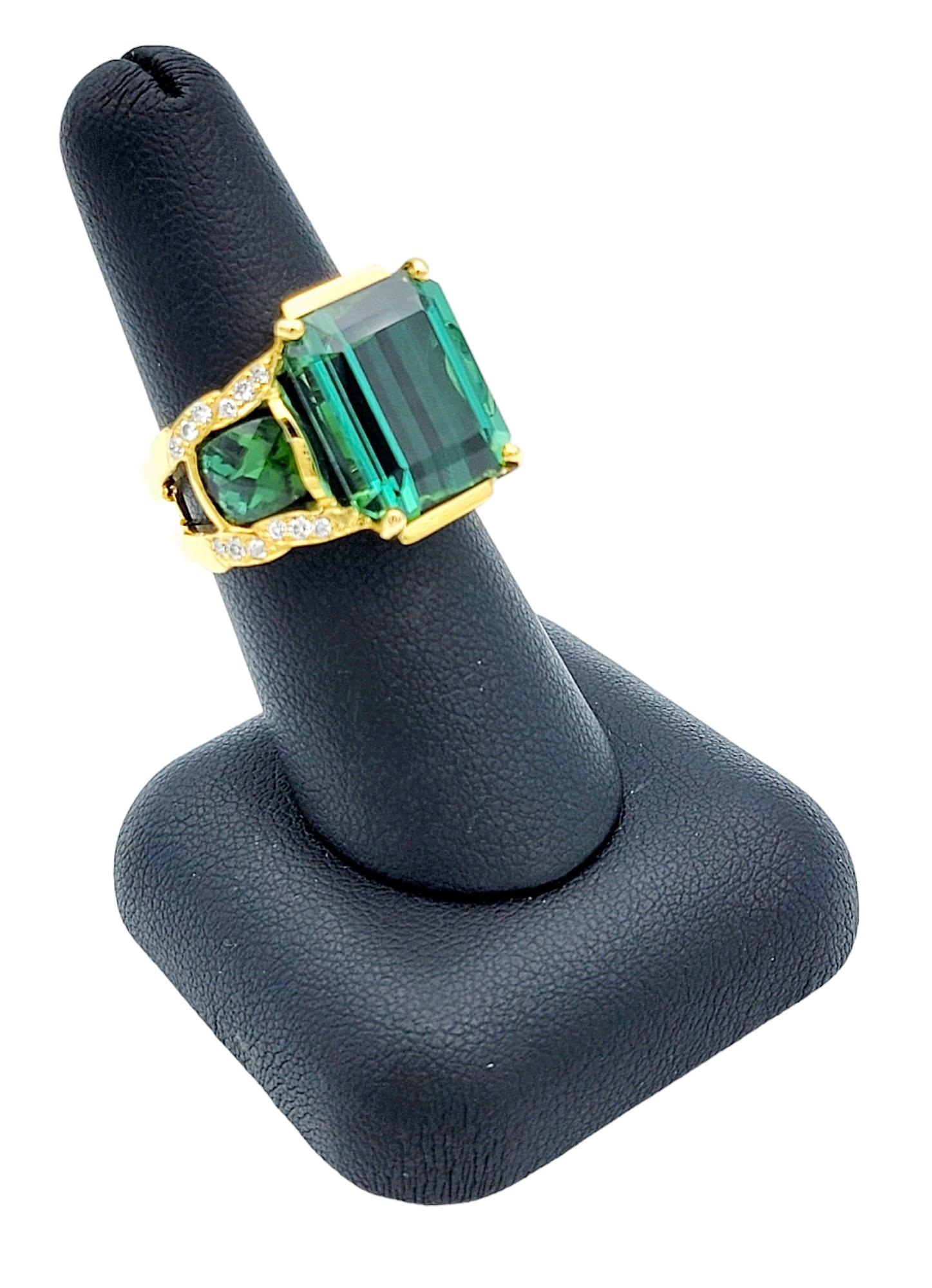 Emerald Cut Green Tourmaline 3 Stone Ring with Diamonds in 14 Karat Yellow Gold  For Sale 6