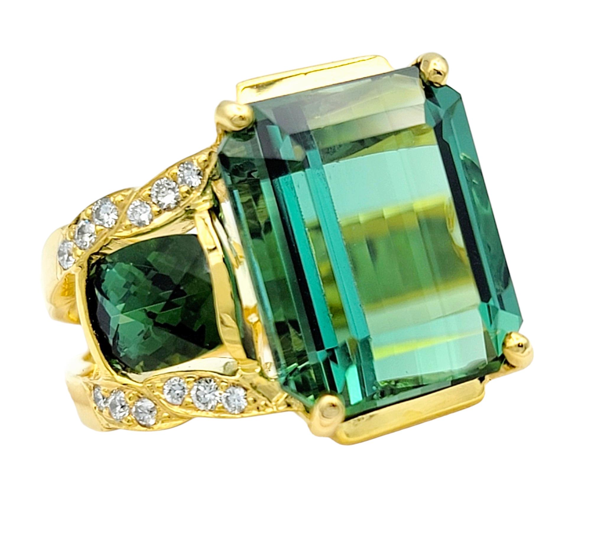 Contemporary Emerald Cut Green Tourmaline 3 Stone Ring with Diamonds in 14 Karat Yellow Gold  For Sale