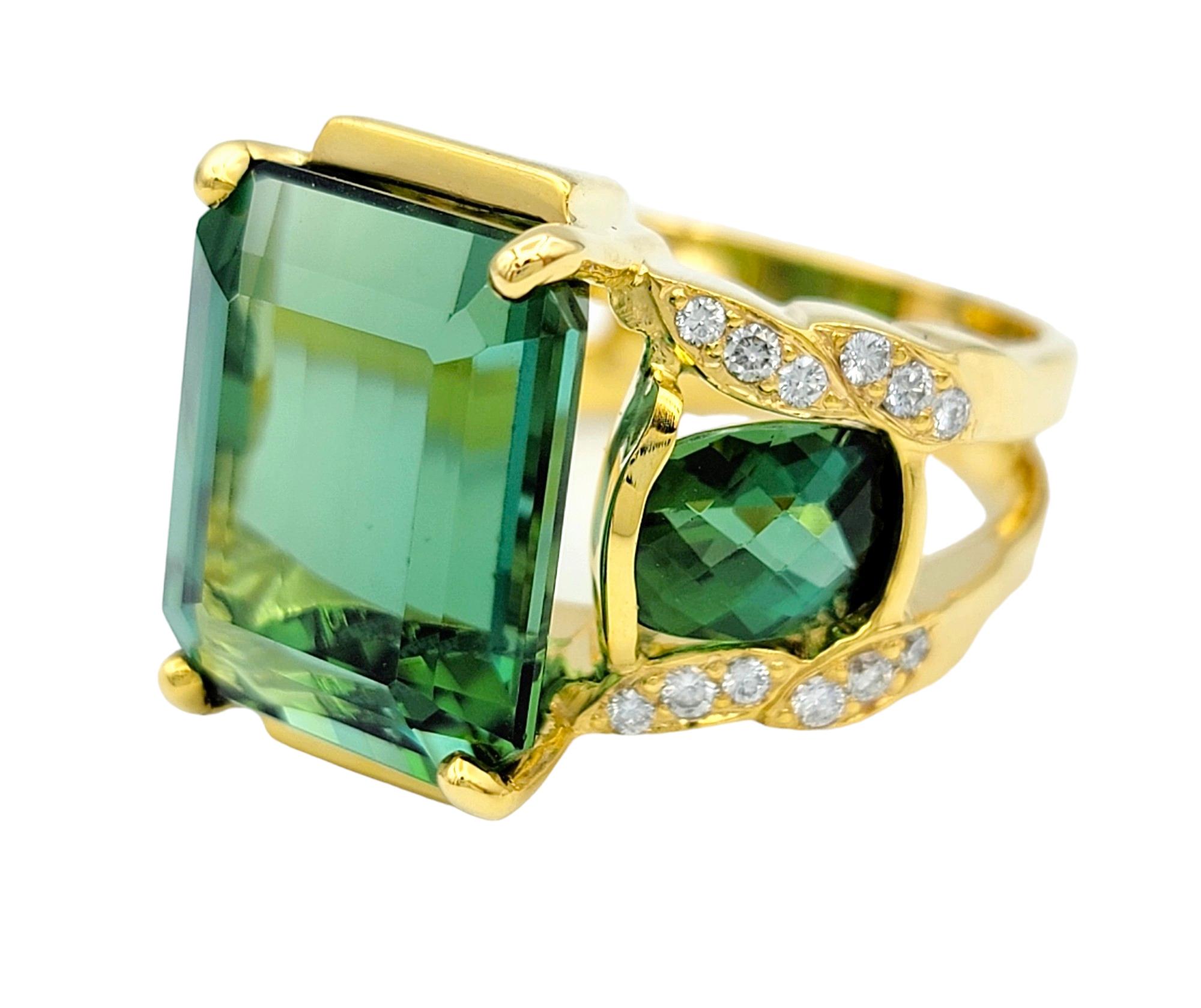 Emerald Cut Green Tourmaline 3 Stone Ring with Diamonds in 14 Karat Yellow Gold  In Good Condition For Sale In Scottsdale, AZ