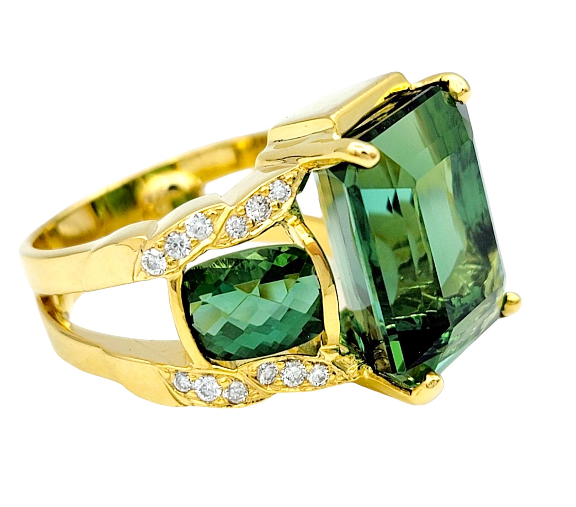 Women's Emerald Cut Green Tourmaline 3 Stone Ring with Diamonds in 14 Karat Yellow Gold  For Sale