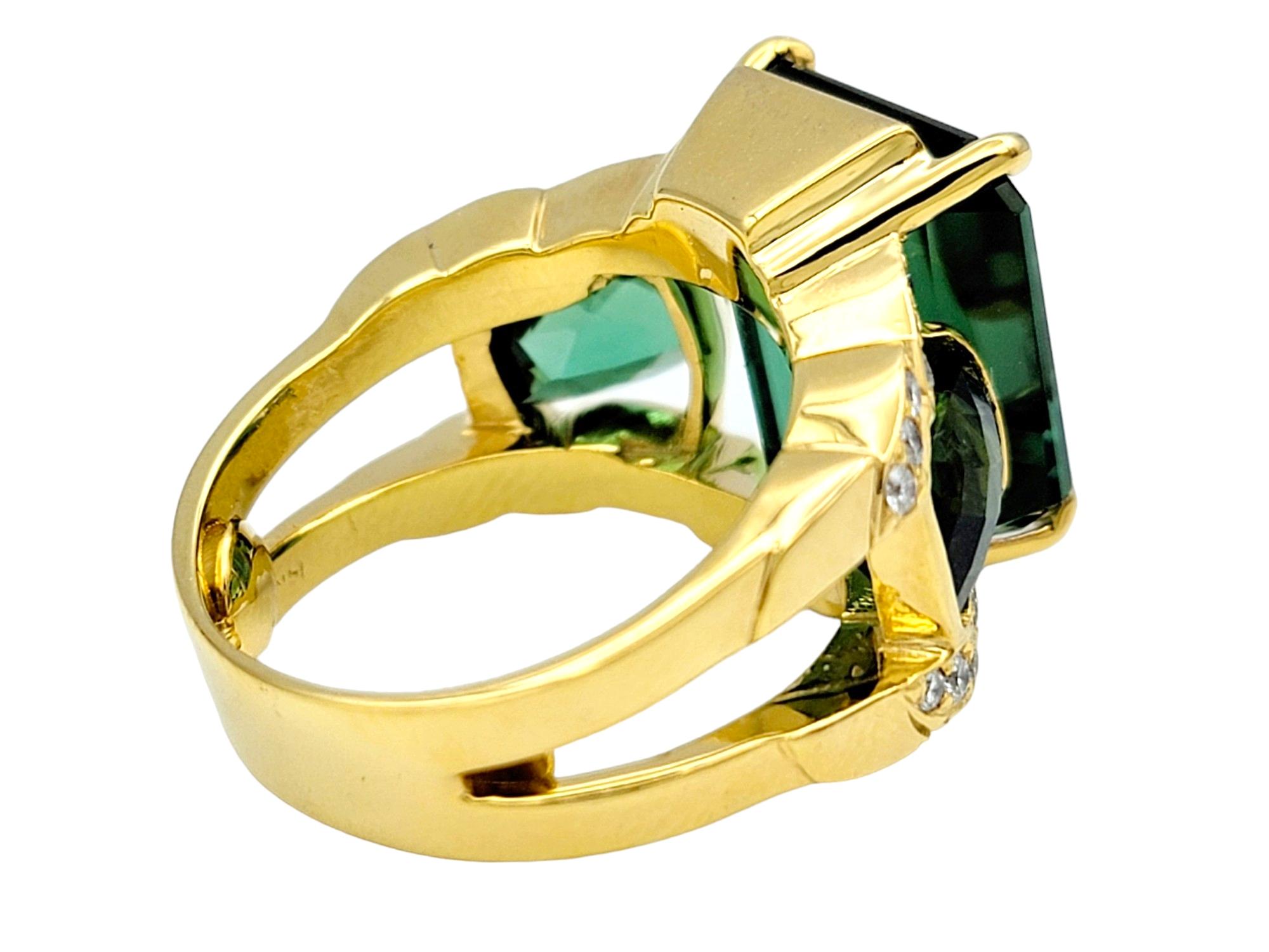 Emerald Cut Green Tourmaline 3 Stone Ring with Diamonds in 14 Karat Yellow Gold  For Sale 1