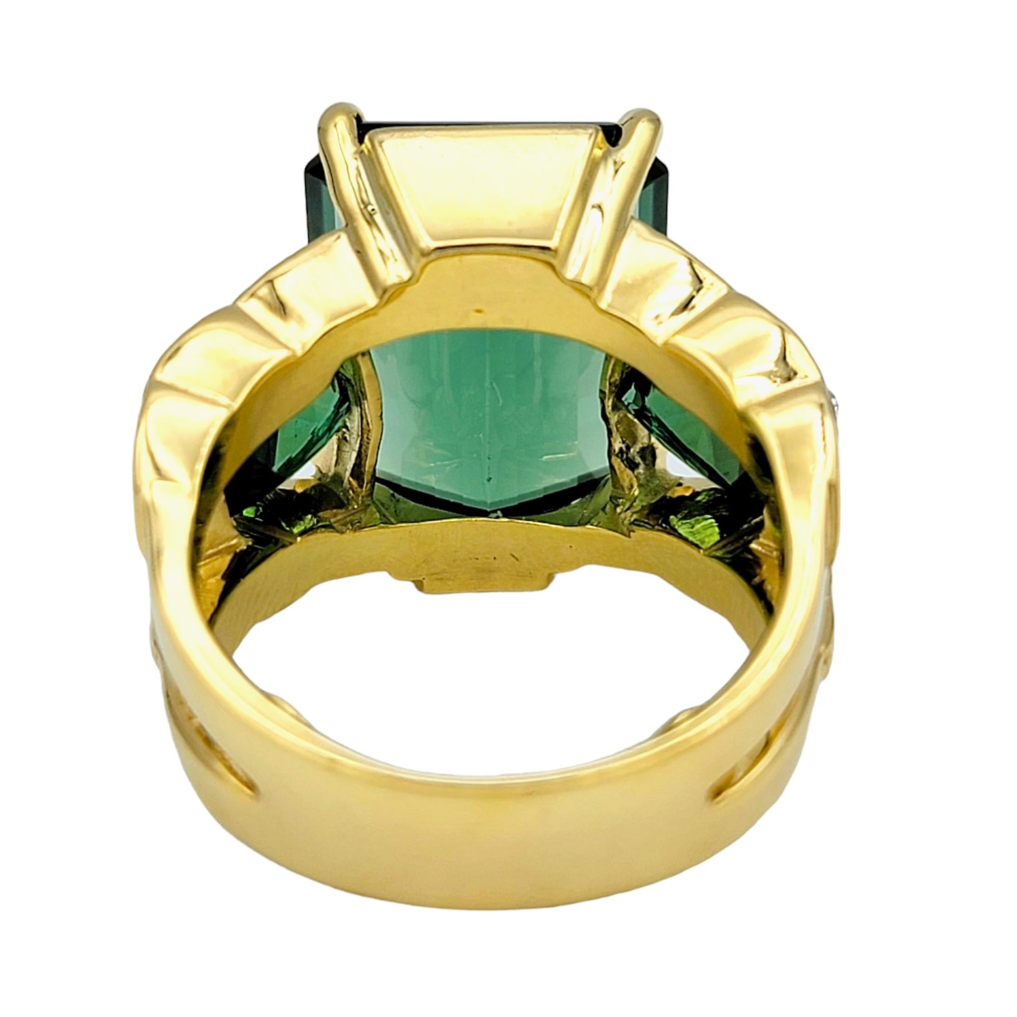 Emerald Cut Green Tourmaline 3 Stone Ring with Diamonds in 14 Karat Yellow Gold  For Sale 2