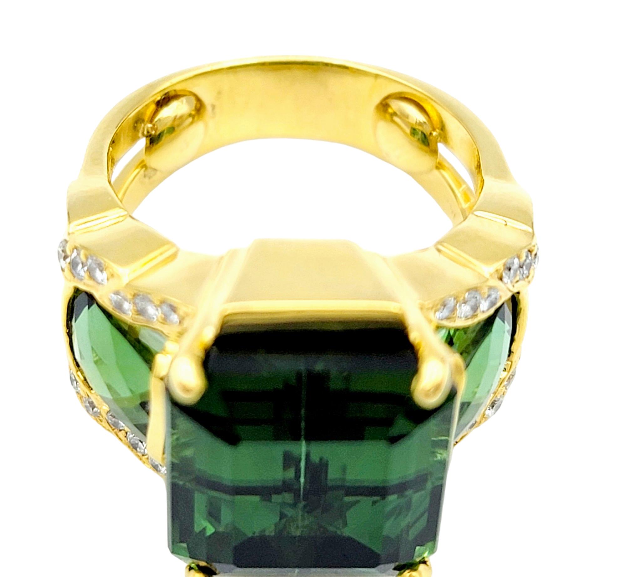Emerald Cut Green Tourmaline 3 Stone Ring with Diamonds in 14 Karat Yellow Gold  For Sale 3