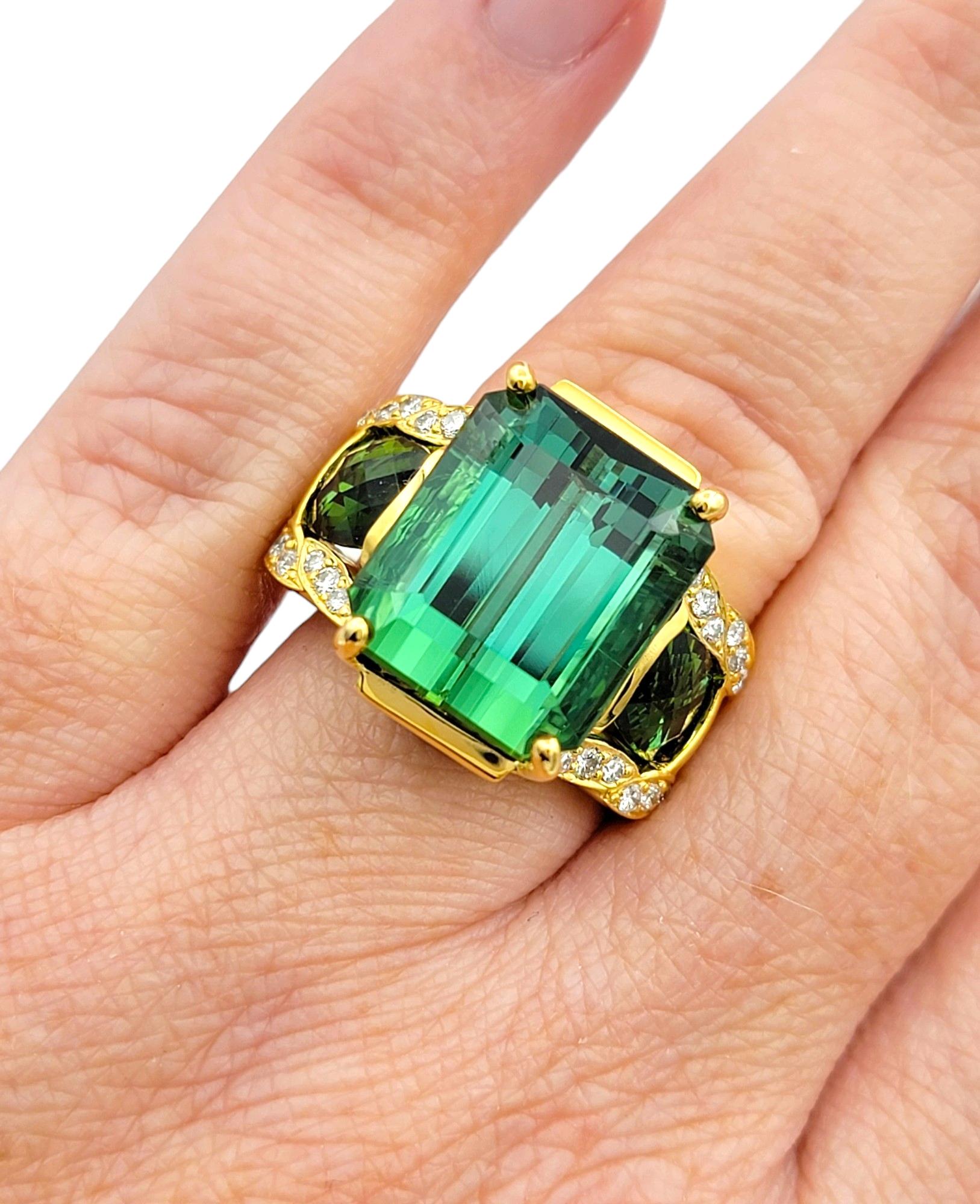 Emerald Cut Green Tourmaline 3 Stone Ring with Diamonds in 14 Karat Yellow Gold  For Sale 4