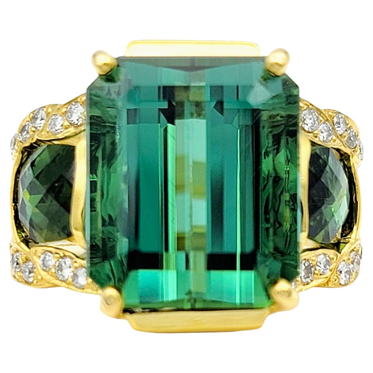 Emerald Cut Green Tourmaline 3 Stone Ring with Diamonds in 14 Karat Yellow Gold  For Sale
