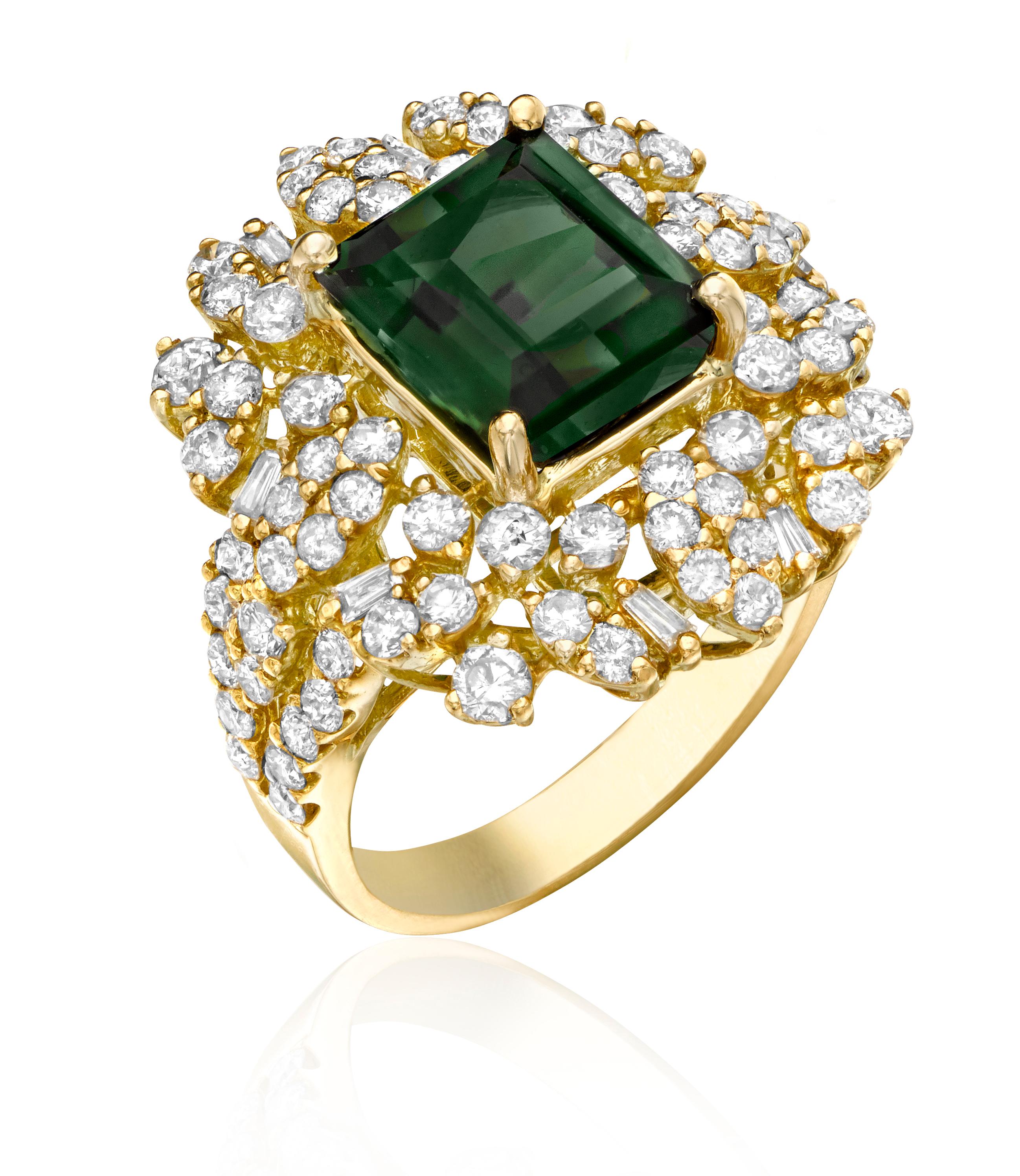 Material: 18k Yellow Gold 
Center Stone Details:  1 Green Tourmaline at 3.76 Carats. Measuring 8.3 x 9.2 mm. 
Mounting Diamond Details: 80 Round White Diamonds Approximately 2.08 Carats - Clarity: VS-SI / Color: H-I. 8 Baguette Diamonds at 0.11