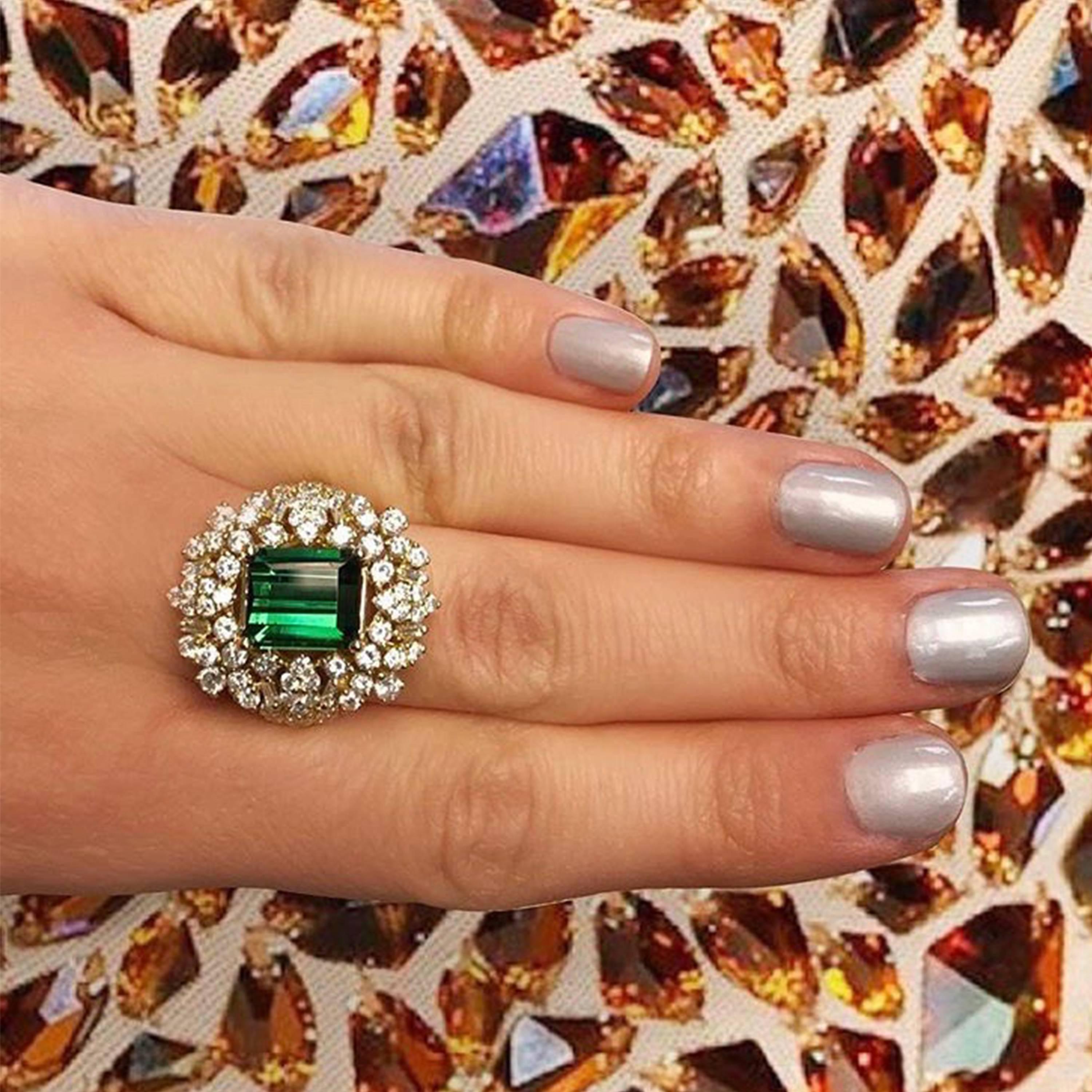 Emerald Cut Green Tourmaline and 2.08 Carat White Diamond Ring 18K Yellow Gold  In New Condition For Sale In GREAT NECK, NY