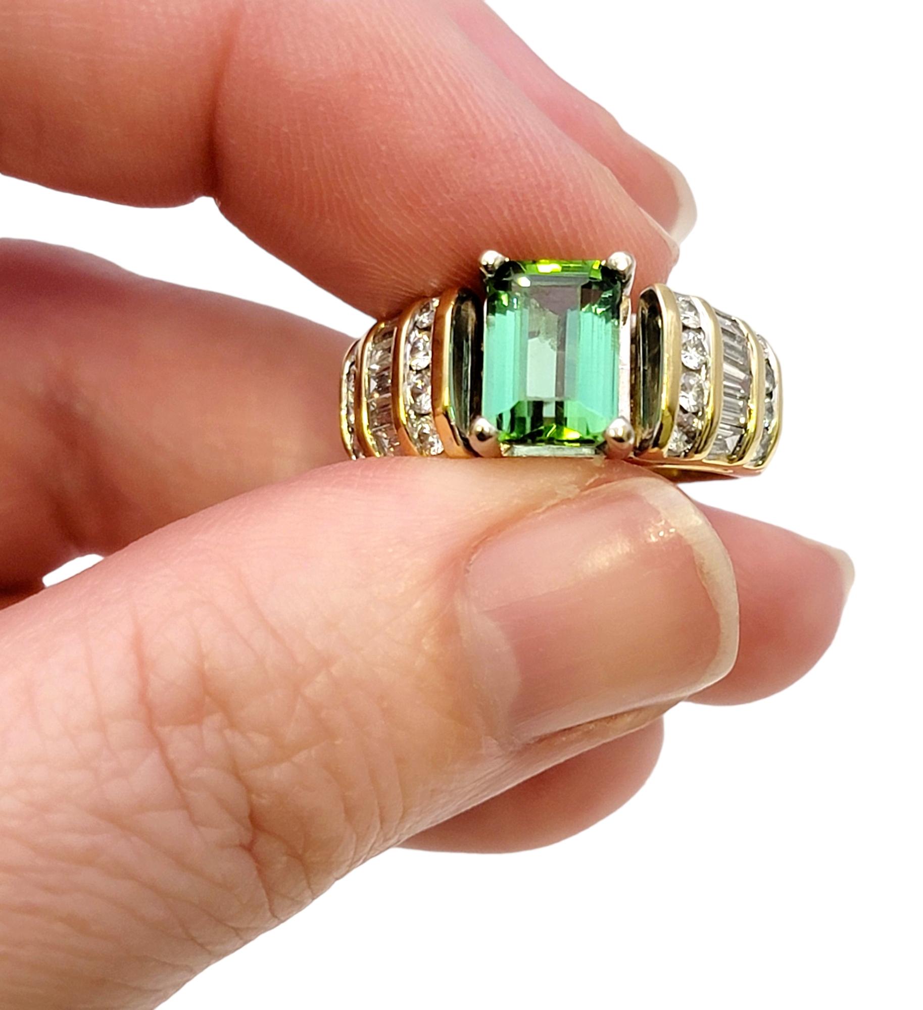Emerald Cut Green Tourmaline and Diamond Channel Set Band Ring in 18 Karat Gold For Sale 3