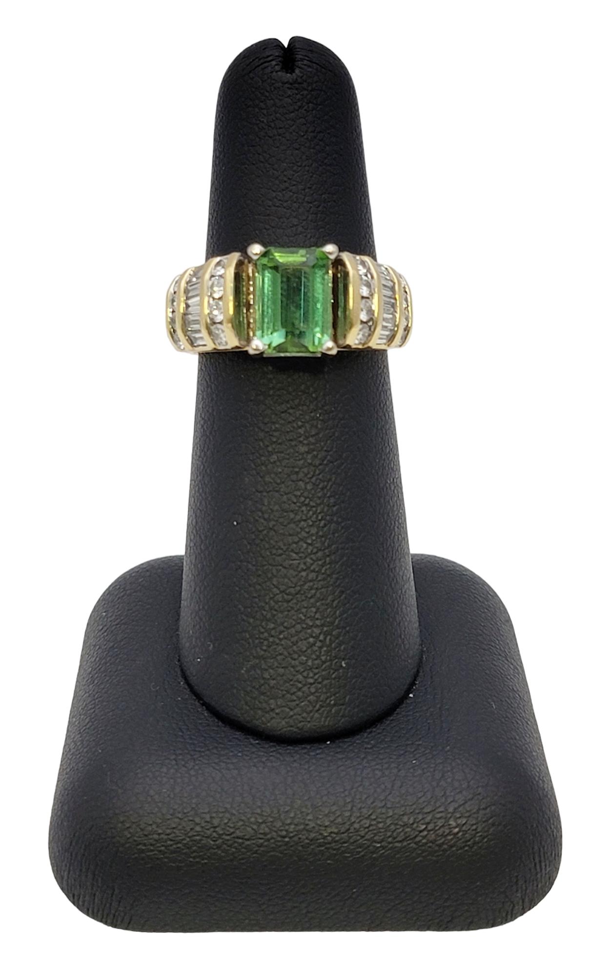 Emerald Cut Green Tourmaline and Diamond Channel Set Band Ring in 18 Karat Gold For Sale 4