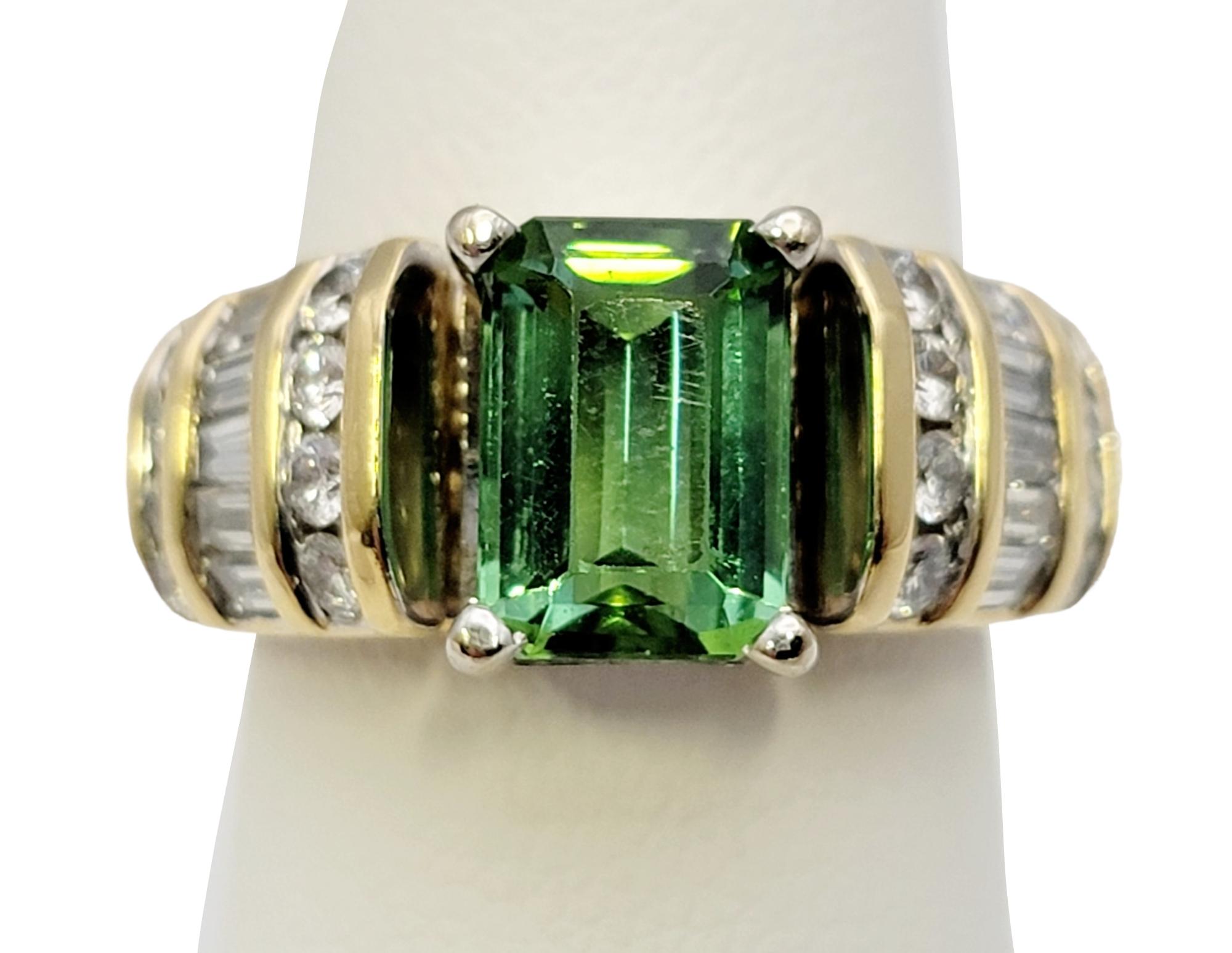 Emerald Cut Green Tourmaline and Diamond Channel Set Band Ring in 18 Karat Gold For Sale 6