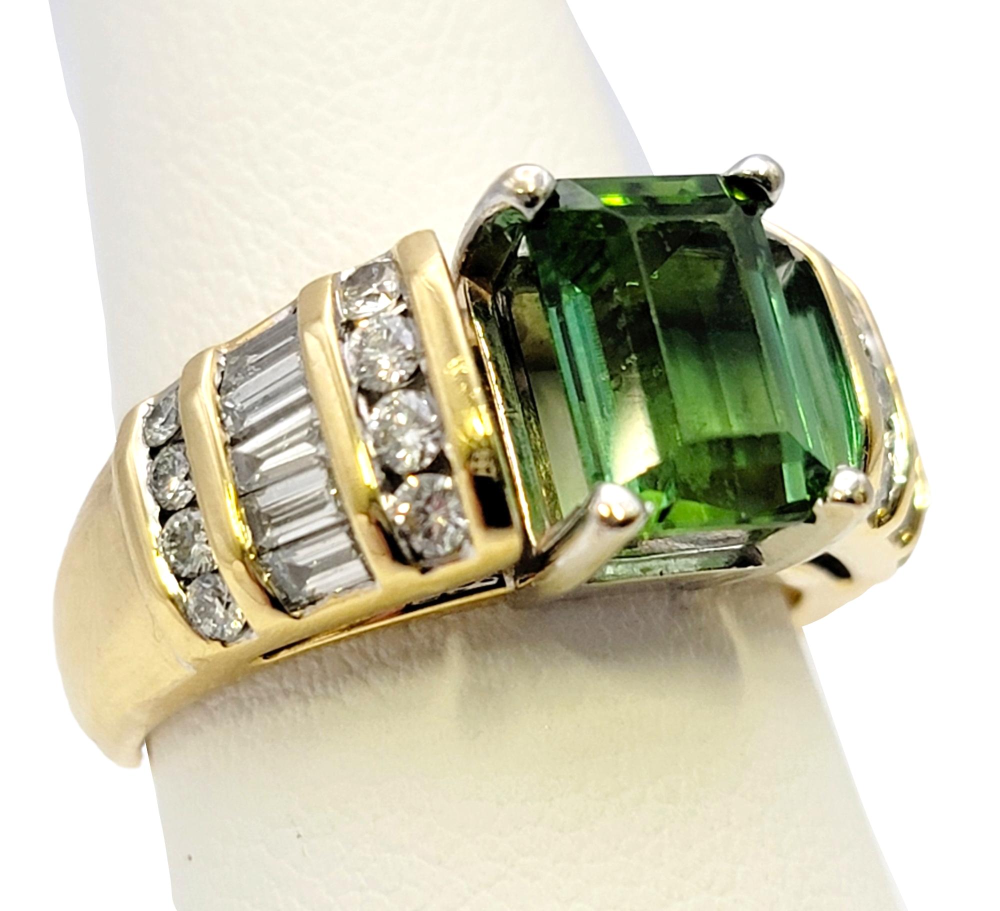 Emerald Cut Green Tourmaline and Diamond Channel Set Band Ring in 18 Karat Gold For Sale 7