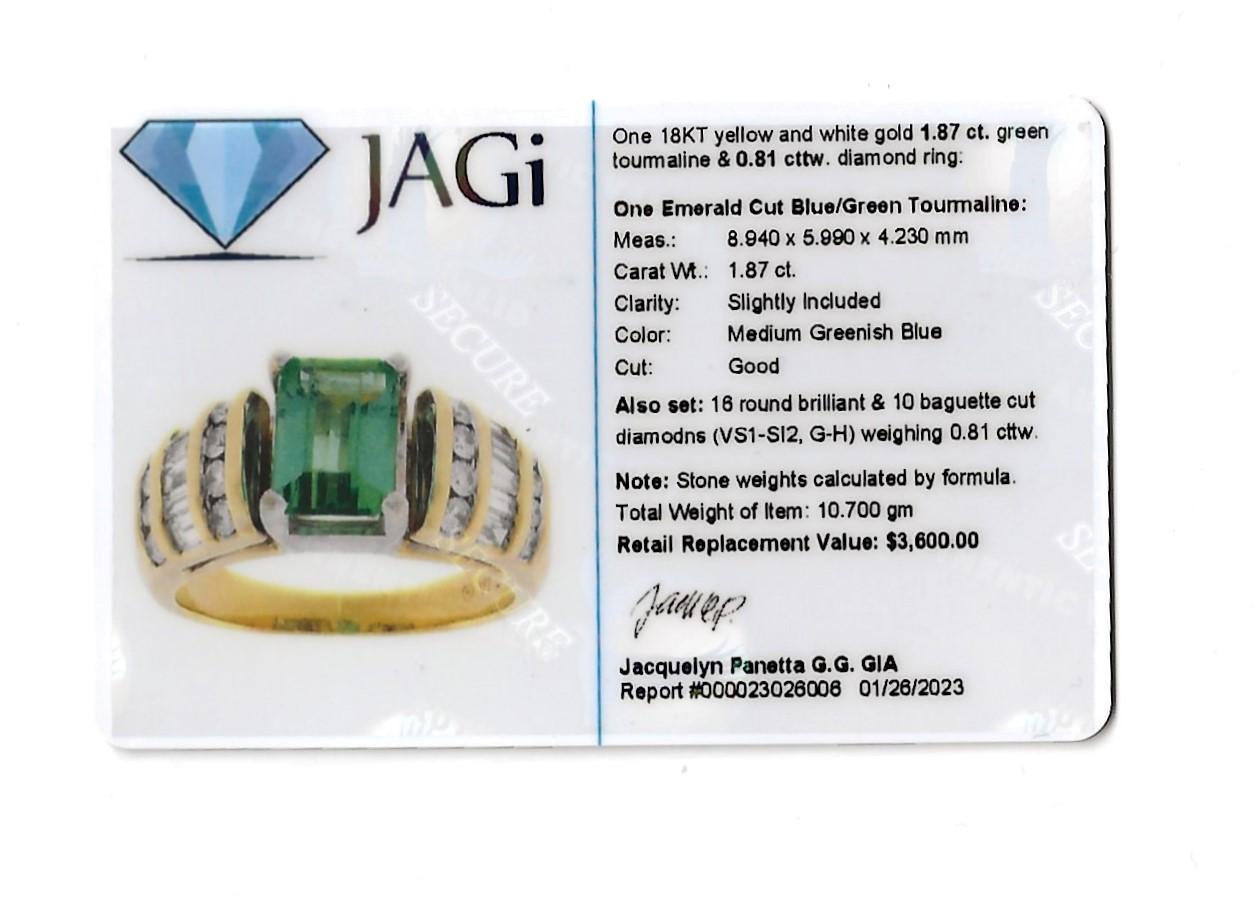 Emerald Cut Green Tourmaline and Diamond Channel Set Band Ring in 18 Karat Gold For Sale 9