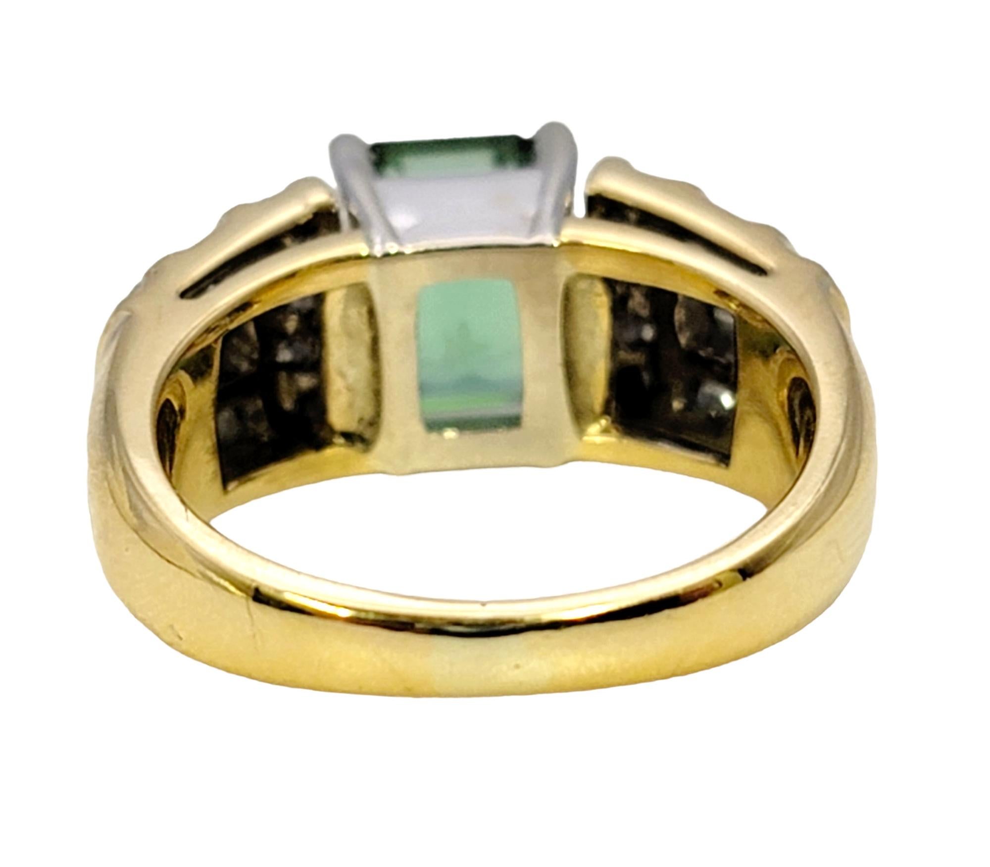 Contemporary Emerald Cut Green Tourmaline and Diamond Channel Set Band Ring in 18 Karat Gold For Sale