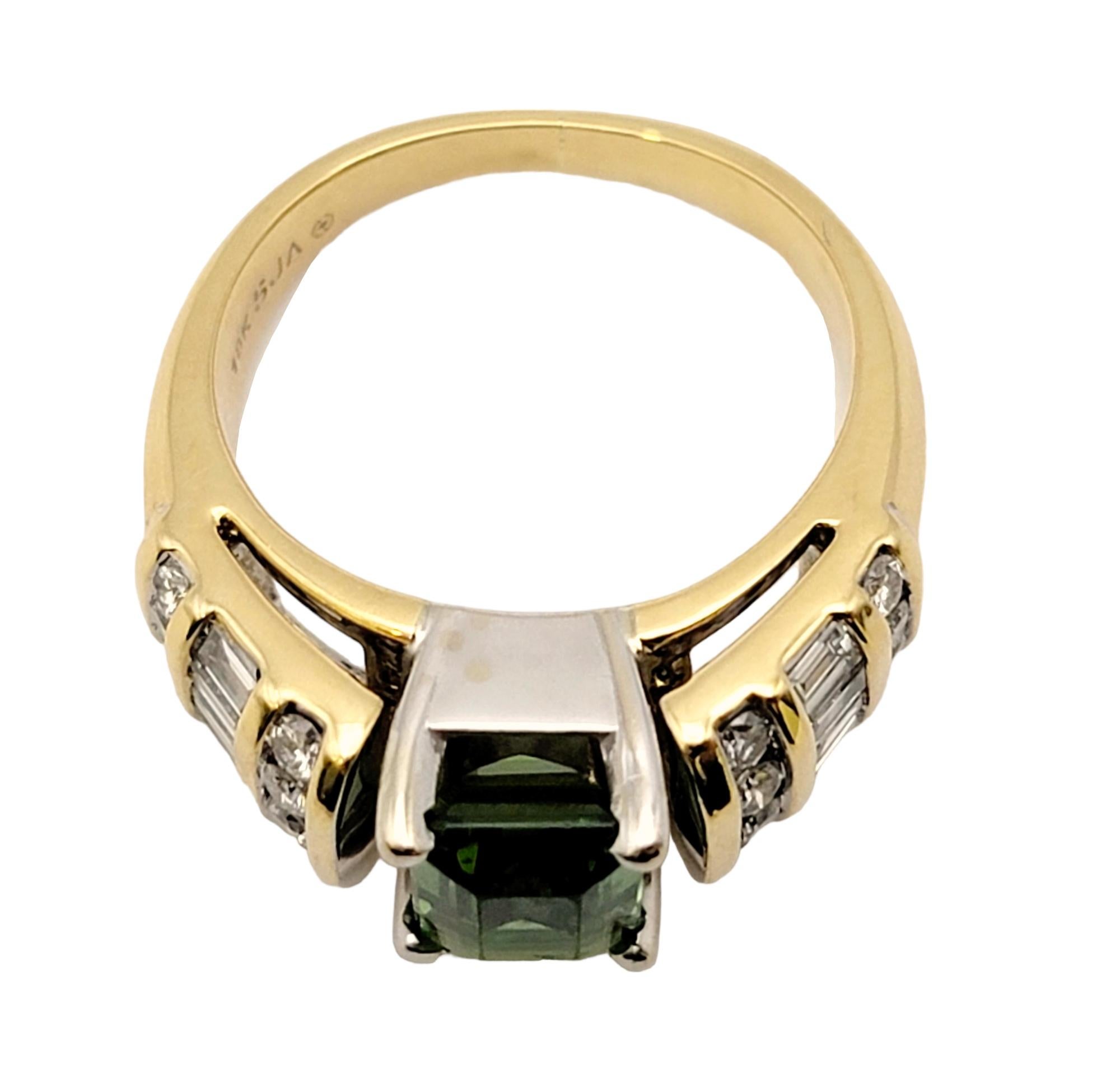 Emerald Cut Green Tourmaline and Diamond Channel Set Band Ring in 18 Karat Gold In Good Condition For Sale In Scottsdale, AZ