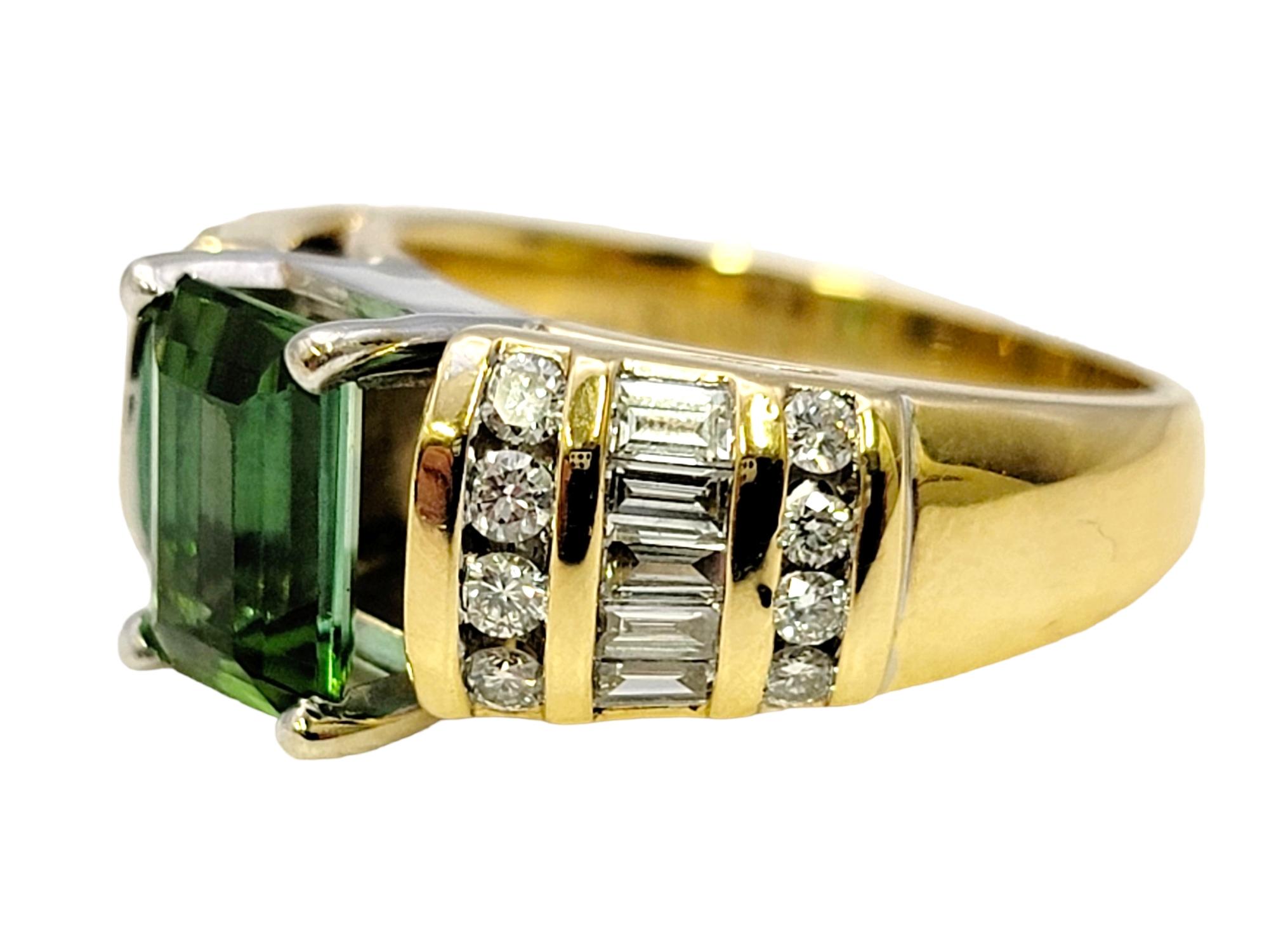 Women's Emerald Cut Green Tourmaline and Diamond Channel Set Band Ring in 18 Karat Gold For Sale