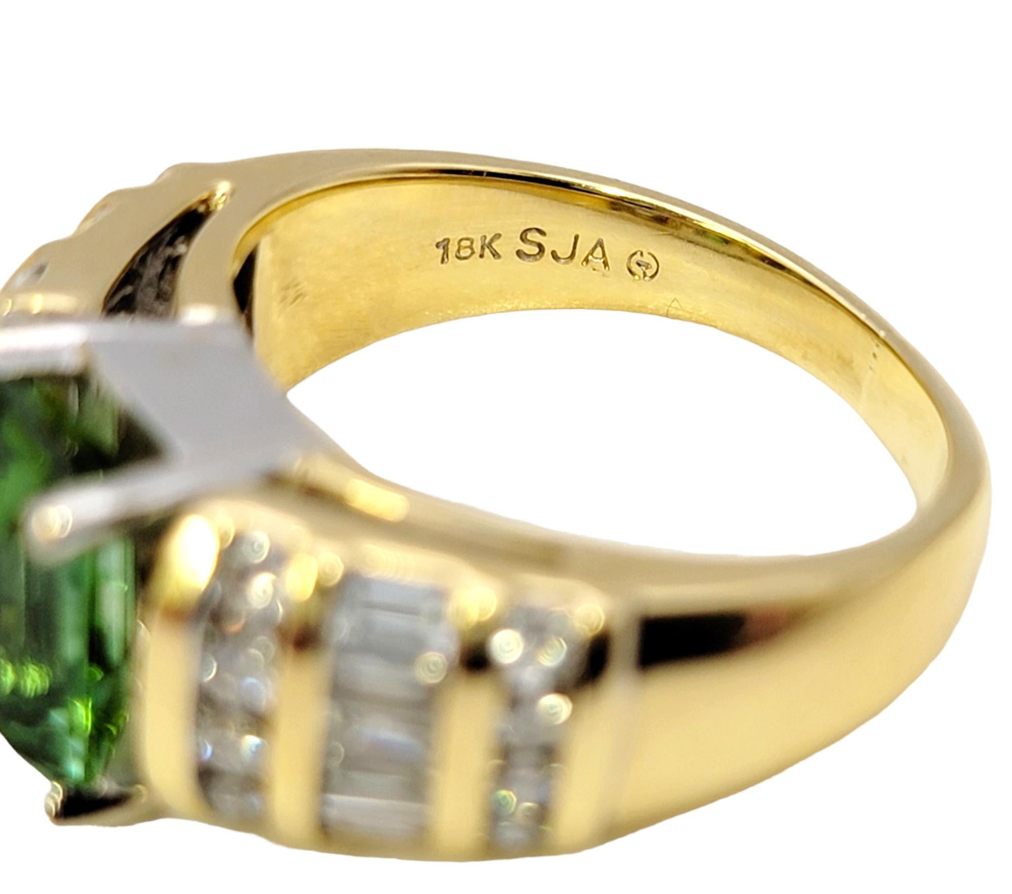 Emerald Cut Green Tourmaline and Diamond Channel Set Band Ring in 18 Karat Gold For Sale 1