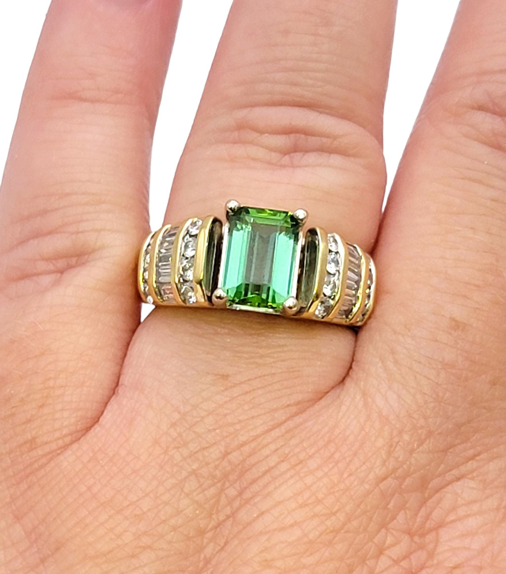 Emerald Cut Green Tourmaline and Diamond Channel Set Band Ring in 18 Karat Gold For Sale 2
