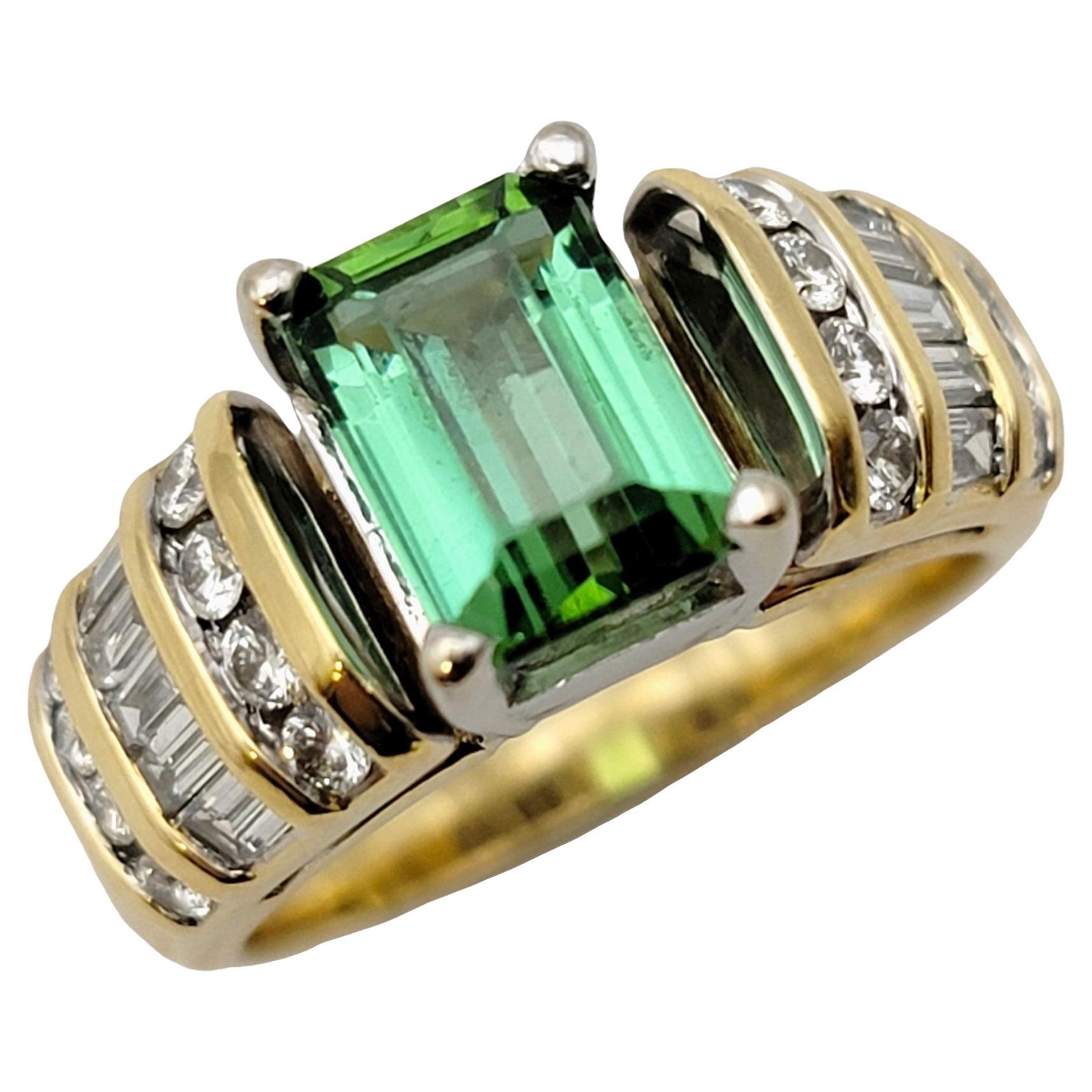 Emerald Cut Green Tourmaline and Diamond Channel Set Band Ring in 18 Karat Gold For Sale