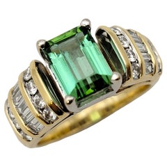 Emerald Cut Green Tourmaline and Diamond Channel Set Band Ring in 18 Karat Gold