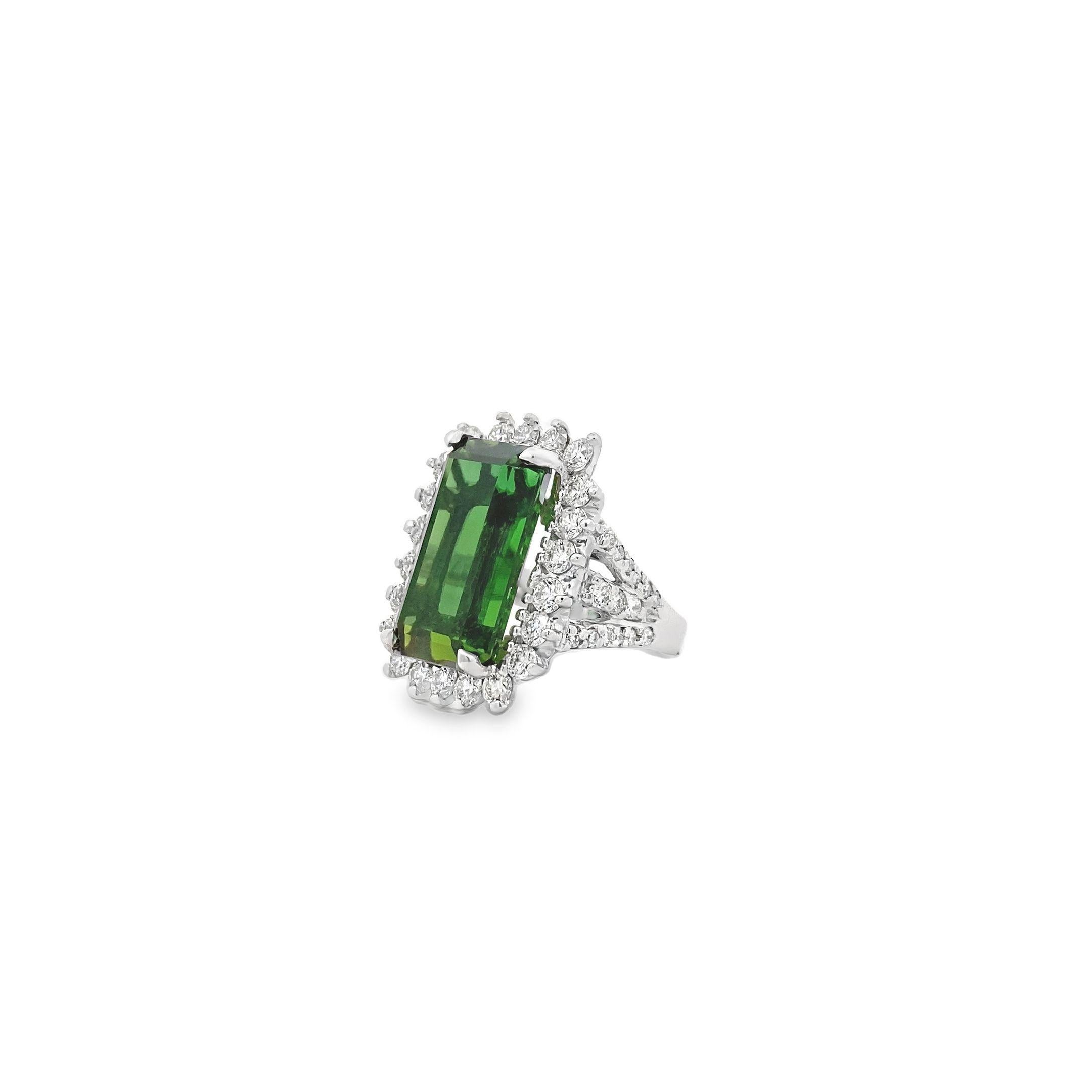 Modern Maurice Fine Jewelry - Emerald-Cut Green Tourmaline & Diamond Ring For Sale