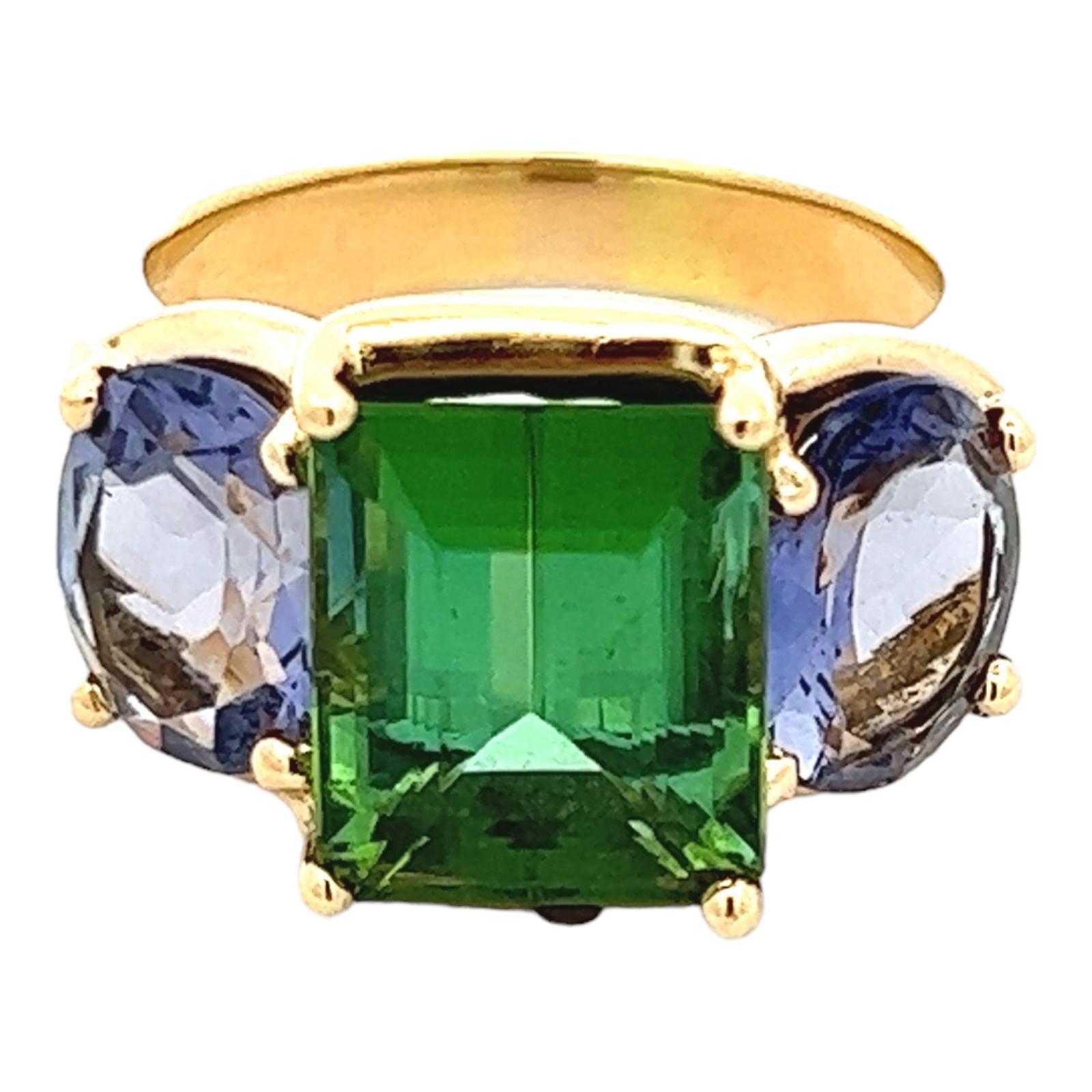Modern Emerald Cut Green Tourmaline Tanzanite 18 Karat Yellow Gold Cocktail Ring
