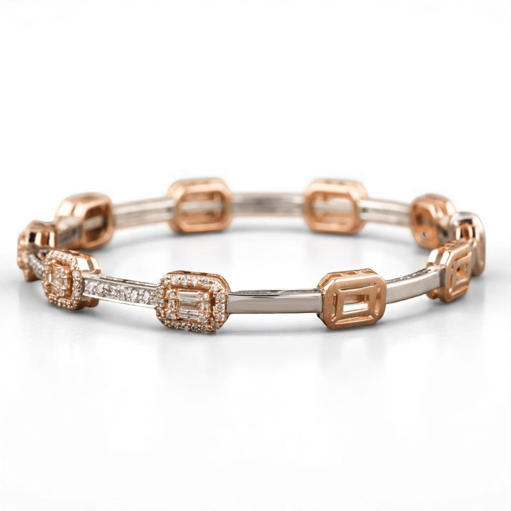 Baguette Cut Emerald Cut Halo Diamond Bangle Bracelet in 14k Solid Gold (Certified) For Sale