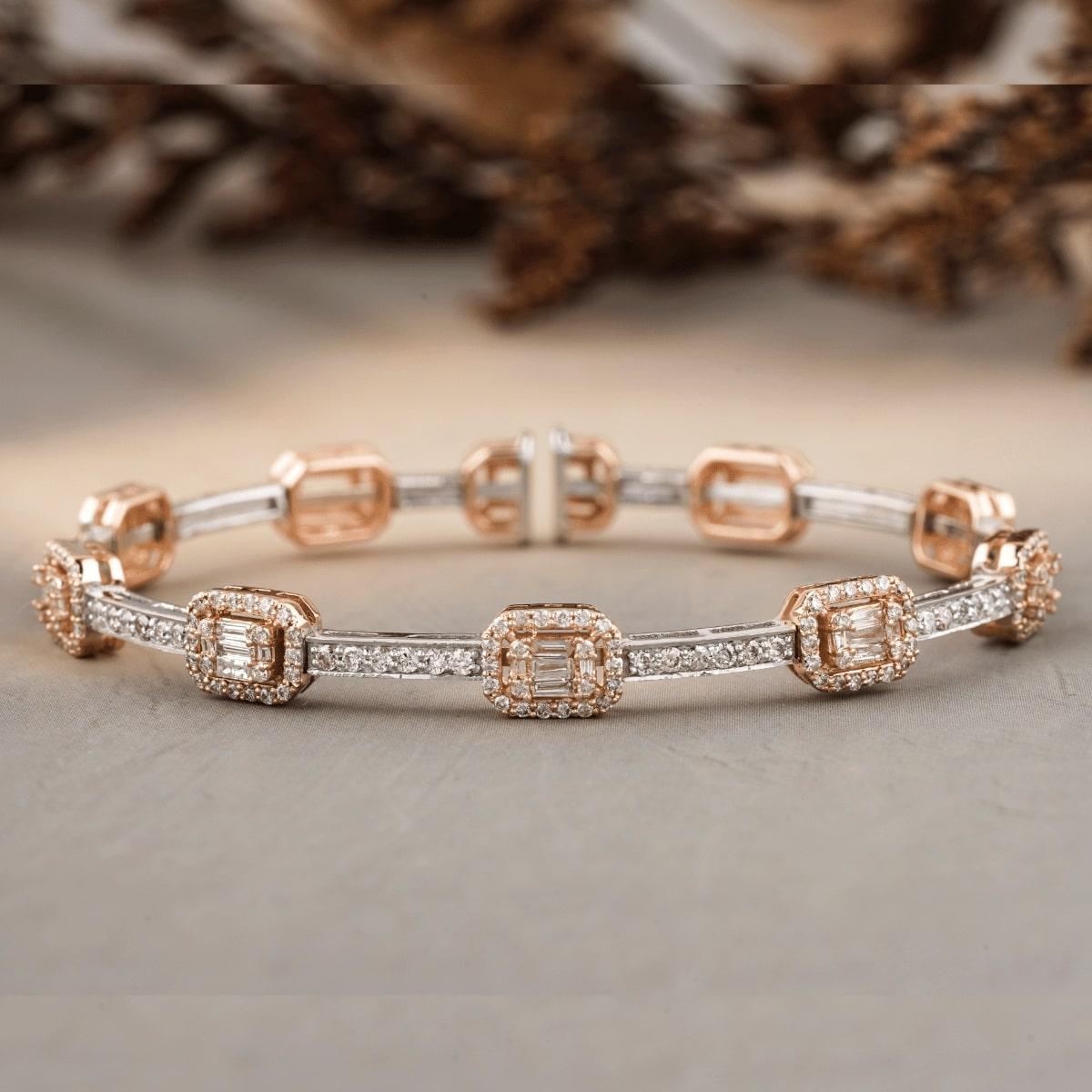 Taglio baguette Bracciale con diamante aureolato taglio smeraldo in oro massiccio 14k (certificato) in vendita