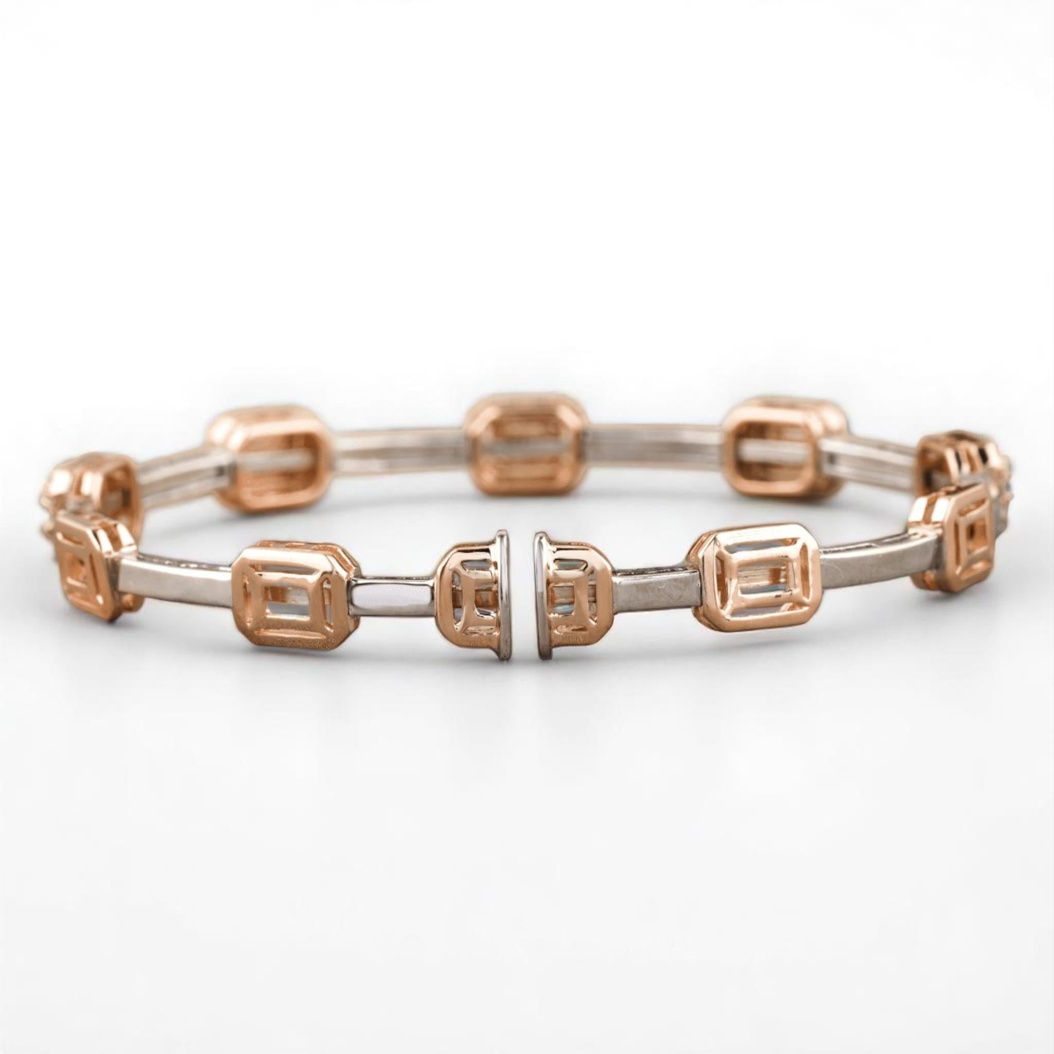 Emerald Cut Halo Diamond Bangle Bracelet in 14k Solid Gold (Certified) In New Condition For Sale In New Delhi, DL
