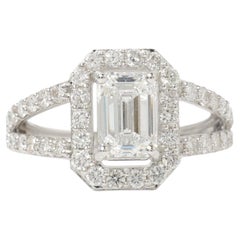 Emerald Cut Halo Natural Diamond Solitaire Ring in 14K Solid Gold (Certified)