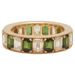 Emerald Cut Heirloom Band Alternating Tourmaline & Diamonds 14k Yellow Gold