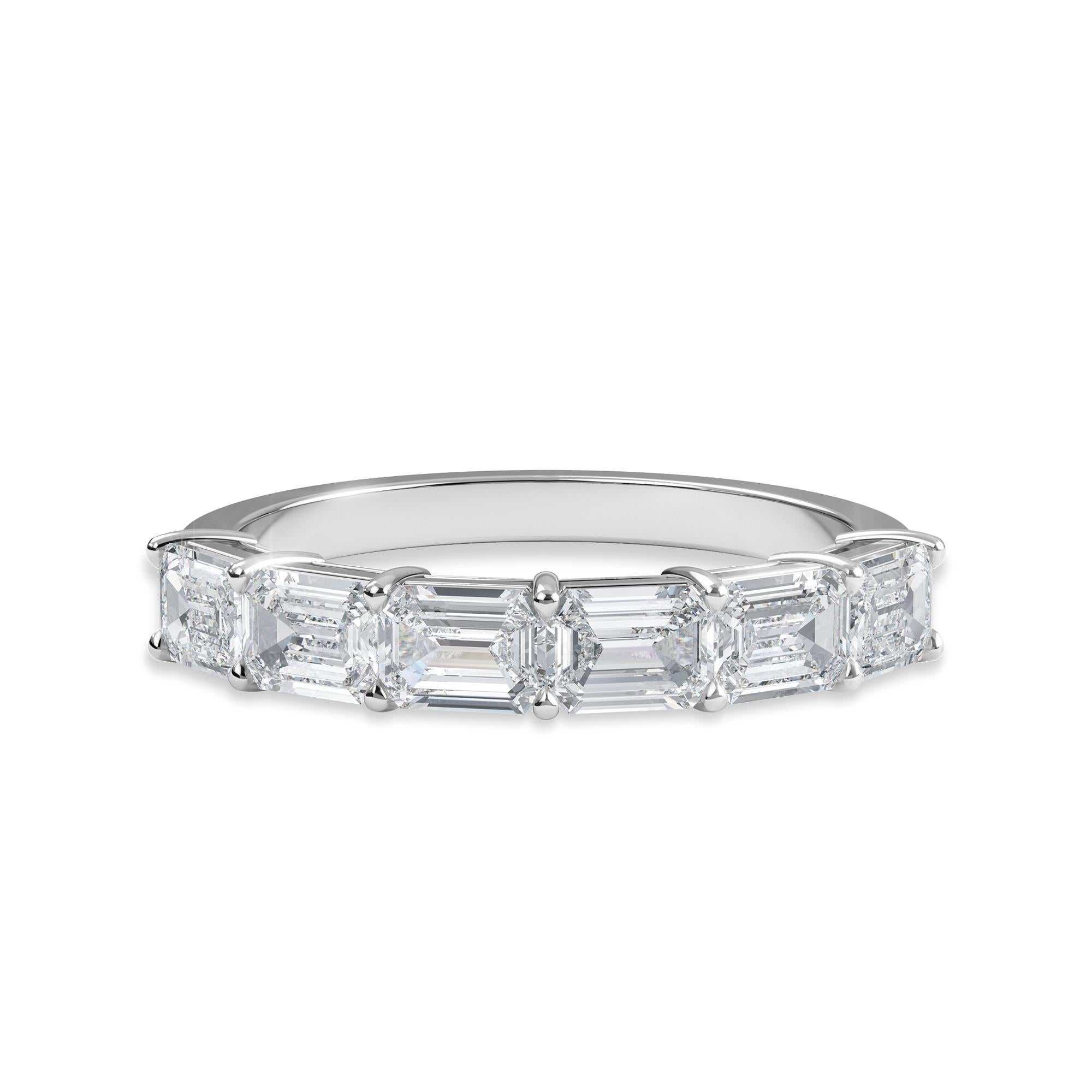 This ring has Emerald Cut Diamonds, set Horizontal. The ring has 6 Diamonds with a Total Carat Weight of 1.81.
The diamonds are I-J Color, VS Clarity. The ring is a finger size 6.5 and is set in Platinum.

Message us for additional finger size