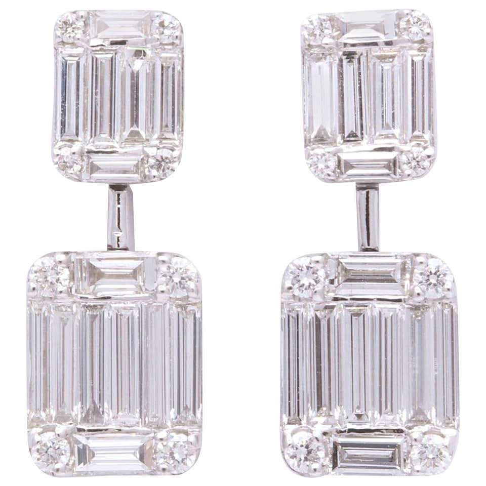 Master Set For Diamond GIA 4.02ctw Emerald Cut and Baguette Diamond Drop Earrings in 18K ...