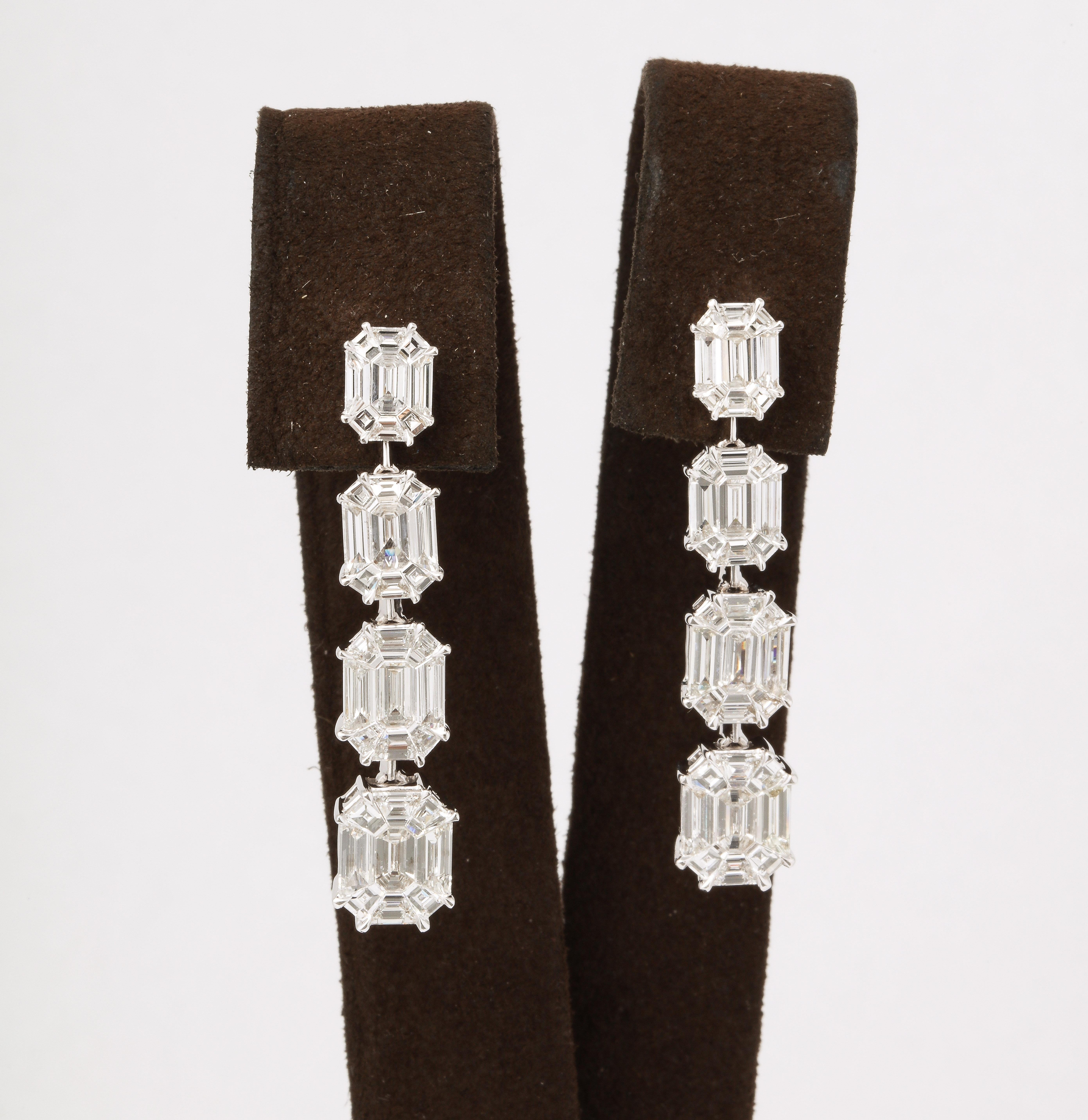 Baguette Cut Emerald Cut Illusion Diamond Dangle Drop Earrings  For Sale