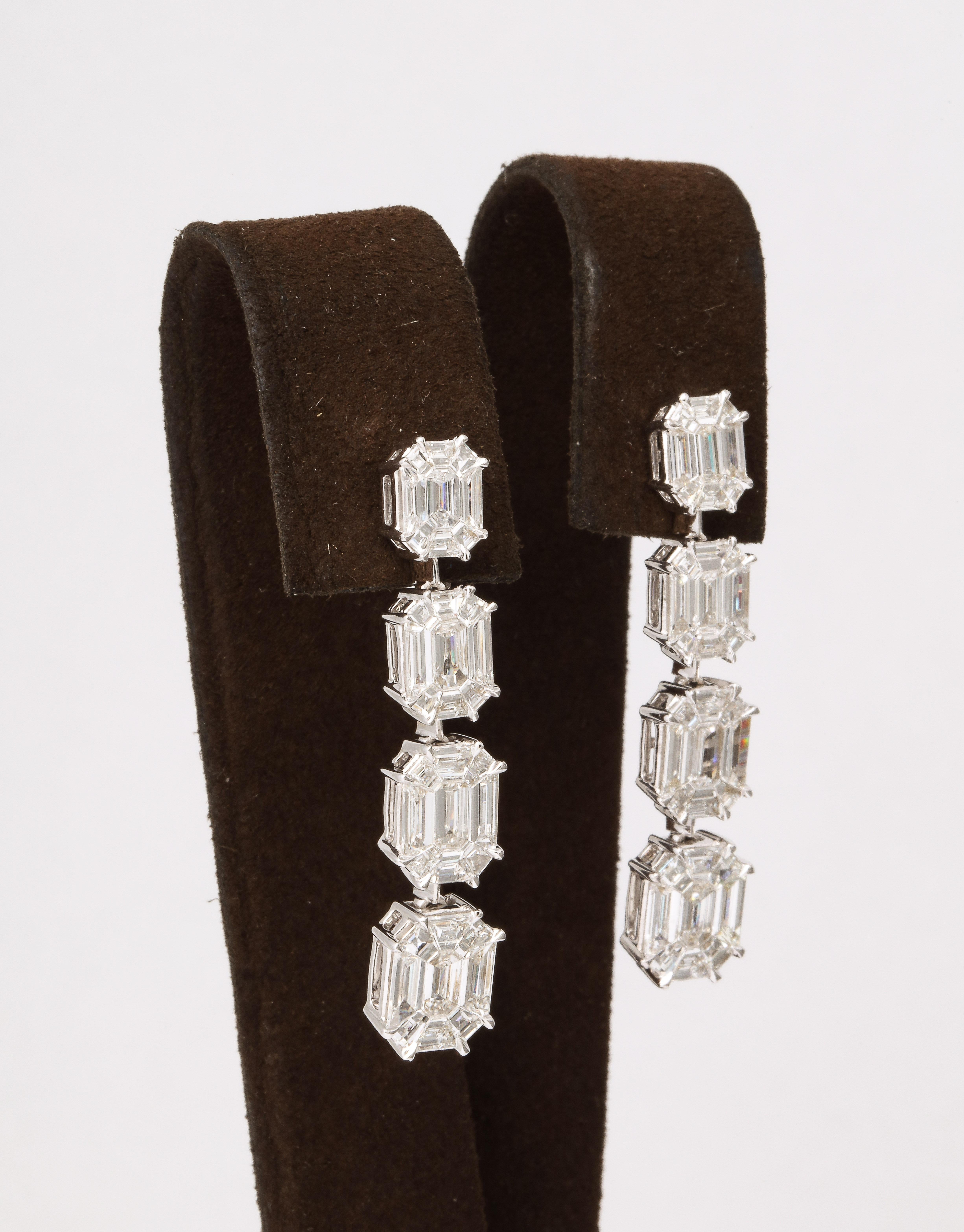 Emerald Cut Illusion Diamond Dangle Drop Earrings  In New Condition For Sale In New York, NY