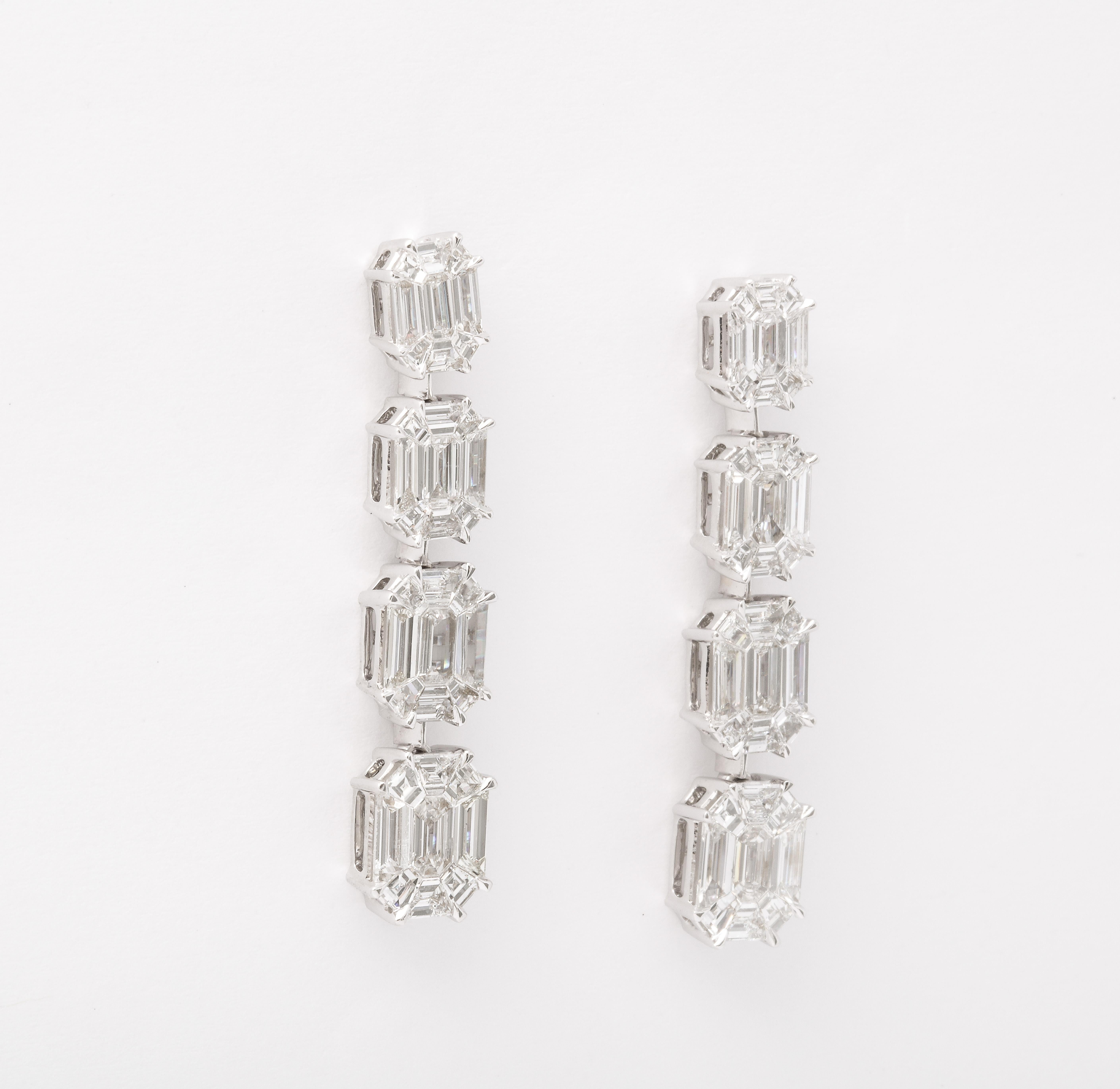 Emerald Cut Illusion Diamond Dangle Drop Earrings  For Sale 1