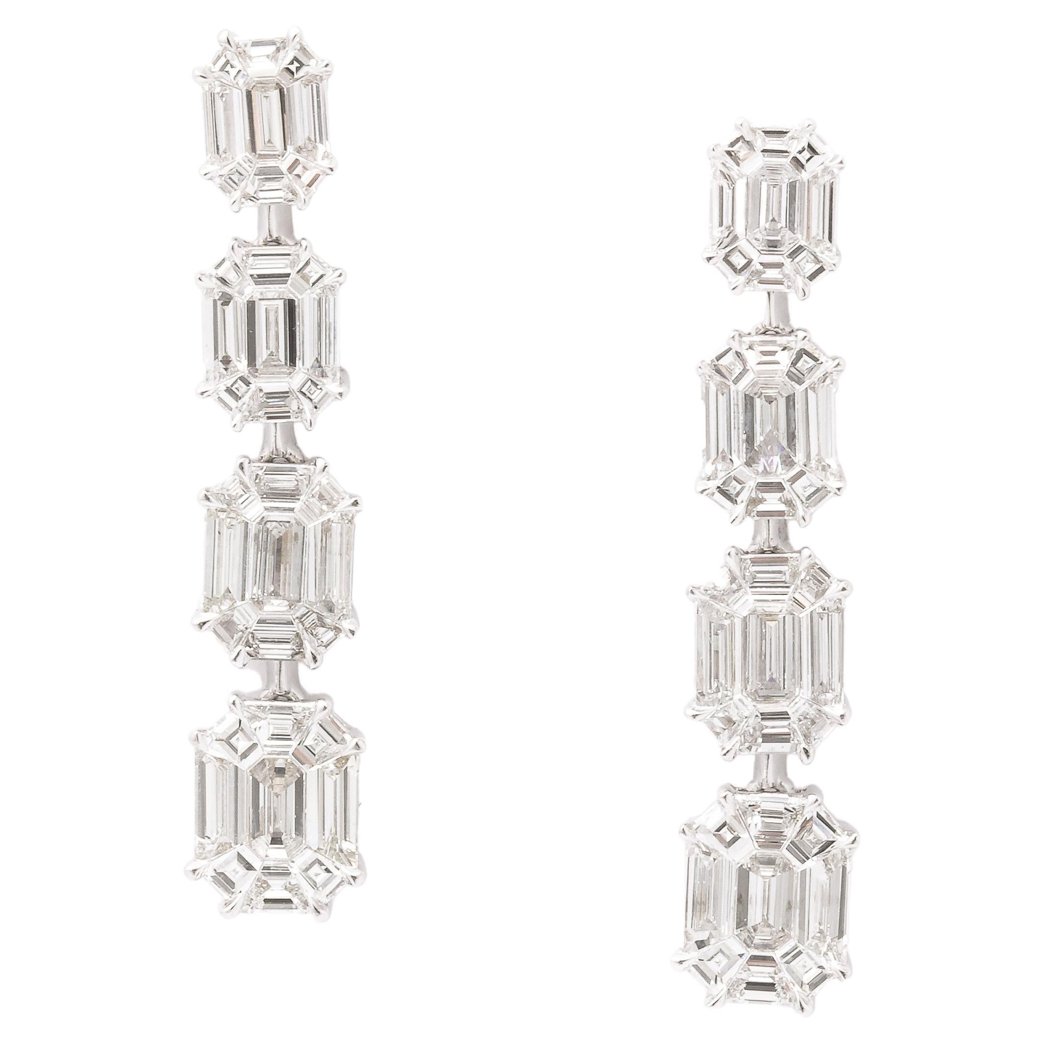 Emerald Cut Illusion Diamond Dangle Drop Earrings  For Sale