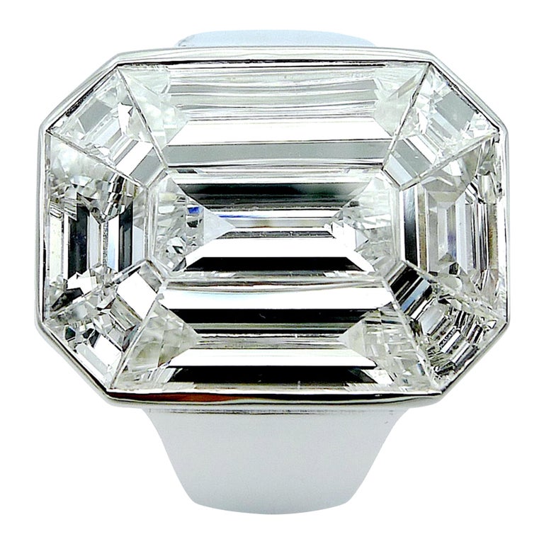 Emerald Cut Illusion Diamond Solitaire Ring in 18 Karat Gold For Sale