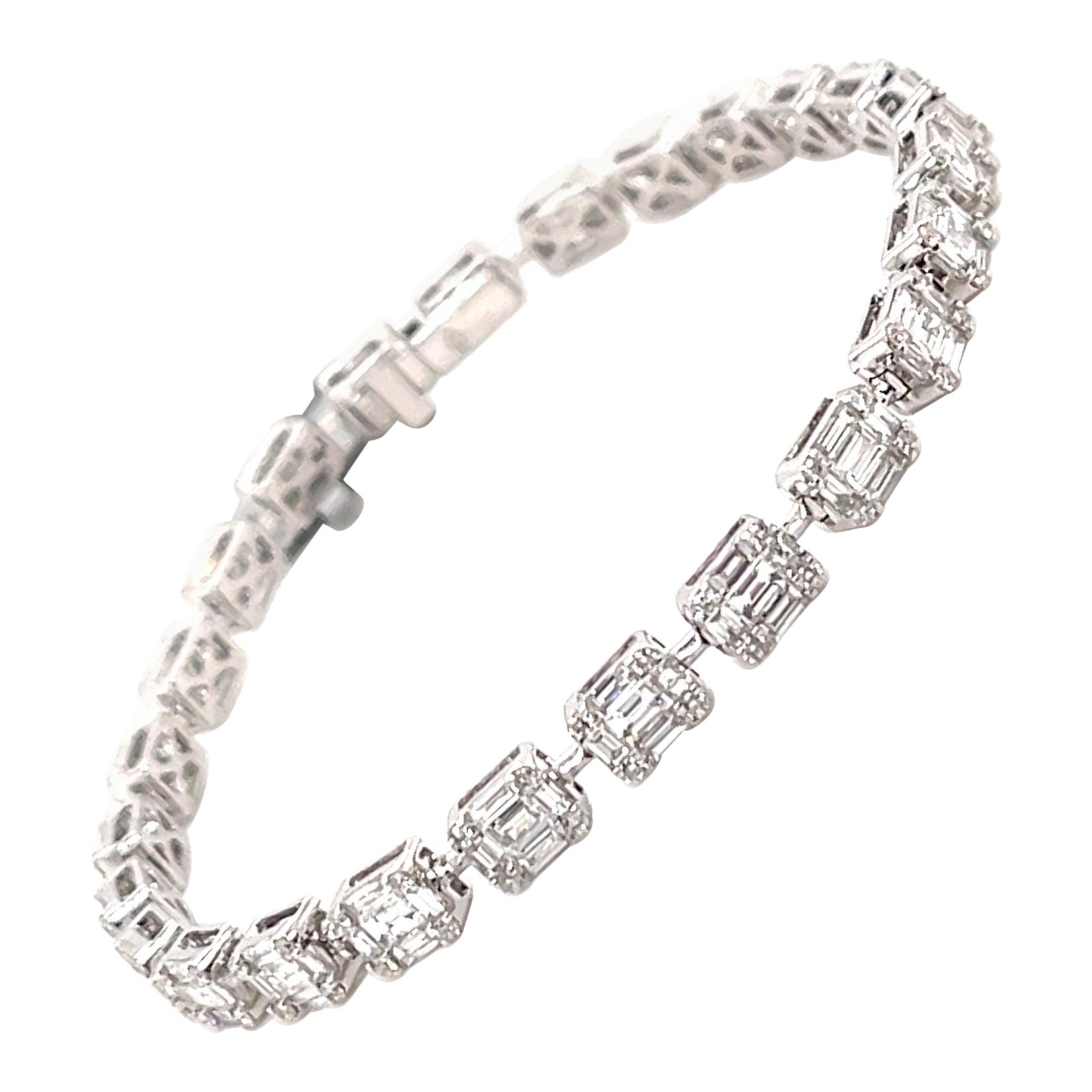 Emerald Cut Illusion Diamond Tennis Bracelet 4.02 Carats 18 Karat White Gold