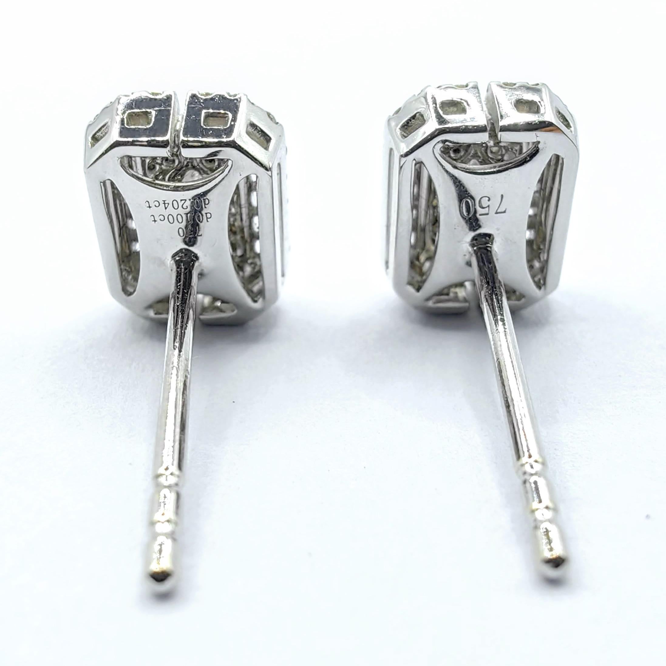 Smaragdschliff-Illusion runder Diamant Oktagon Halo Ohrstecker aus 18K Weißgold im Angebot 7