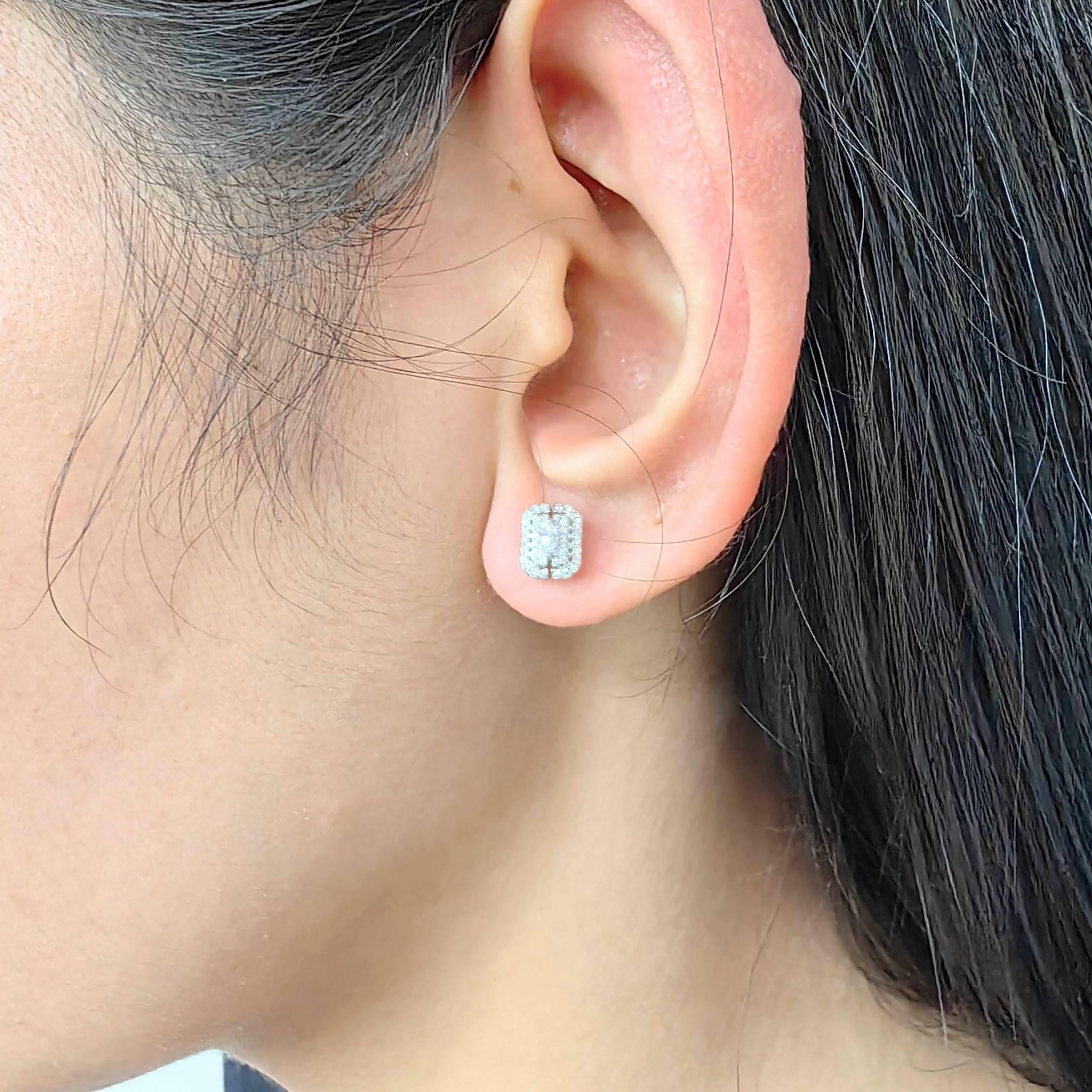 Smaragdschliff-Illusion runder Diamant Oktagon Halo Ohrstecker aus 18K Weißgold Damen im Angebot