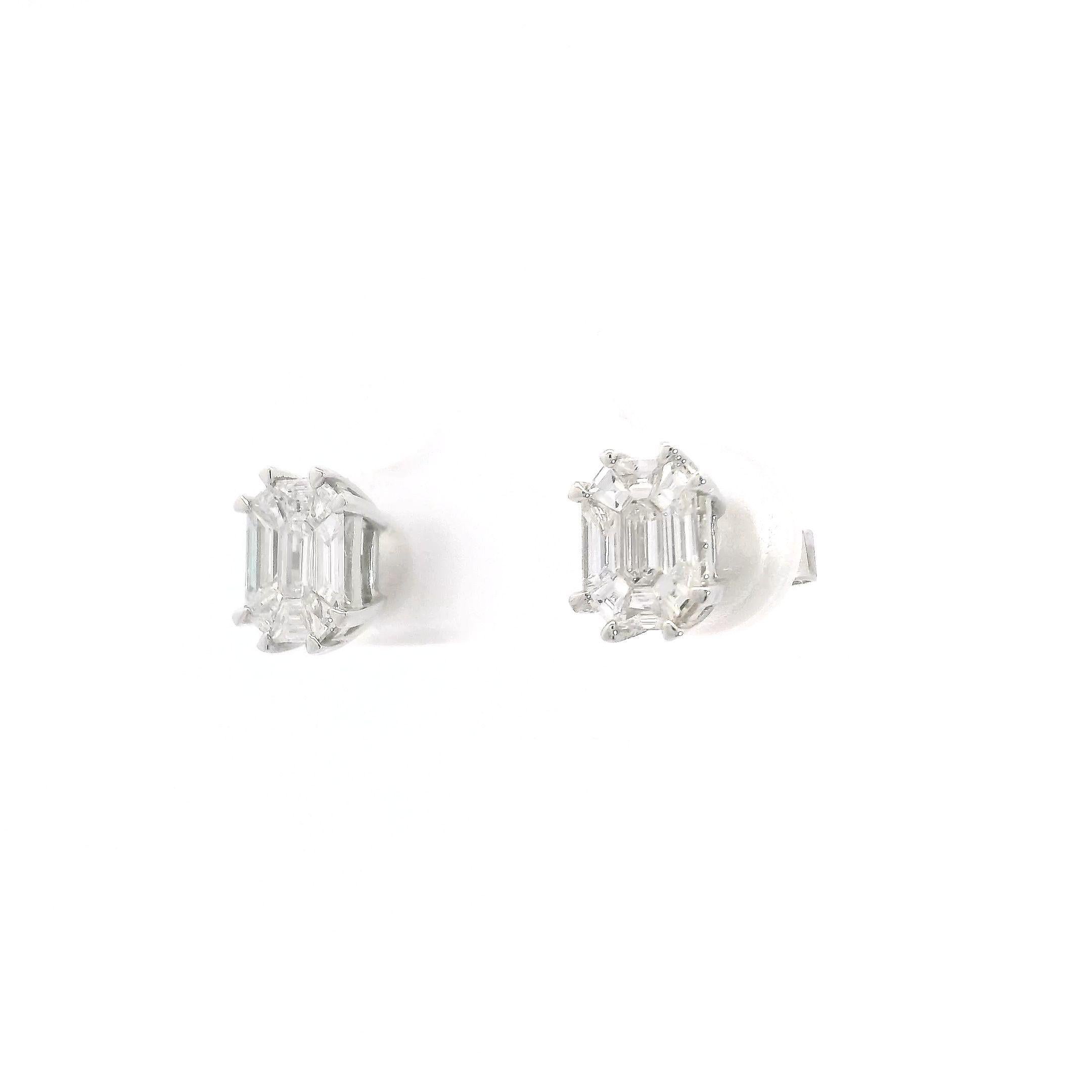 Contemporary Emerald-cut Illusion Setting Diamond Stud Earrings in 18K White Gold For Sale